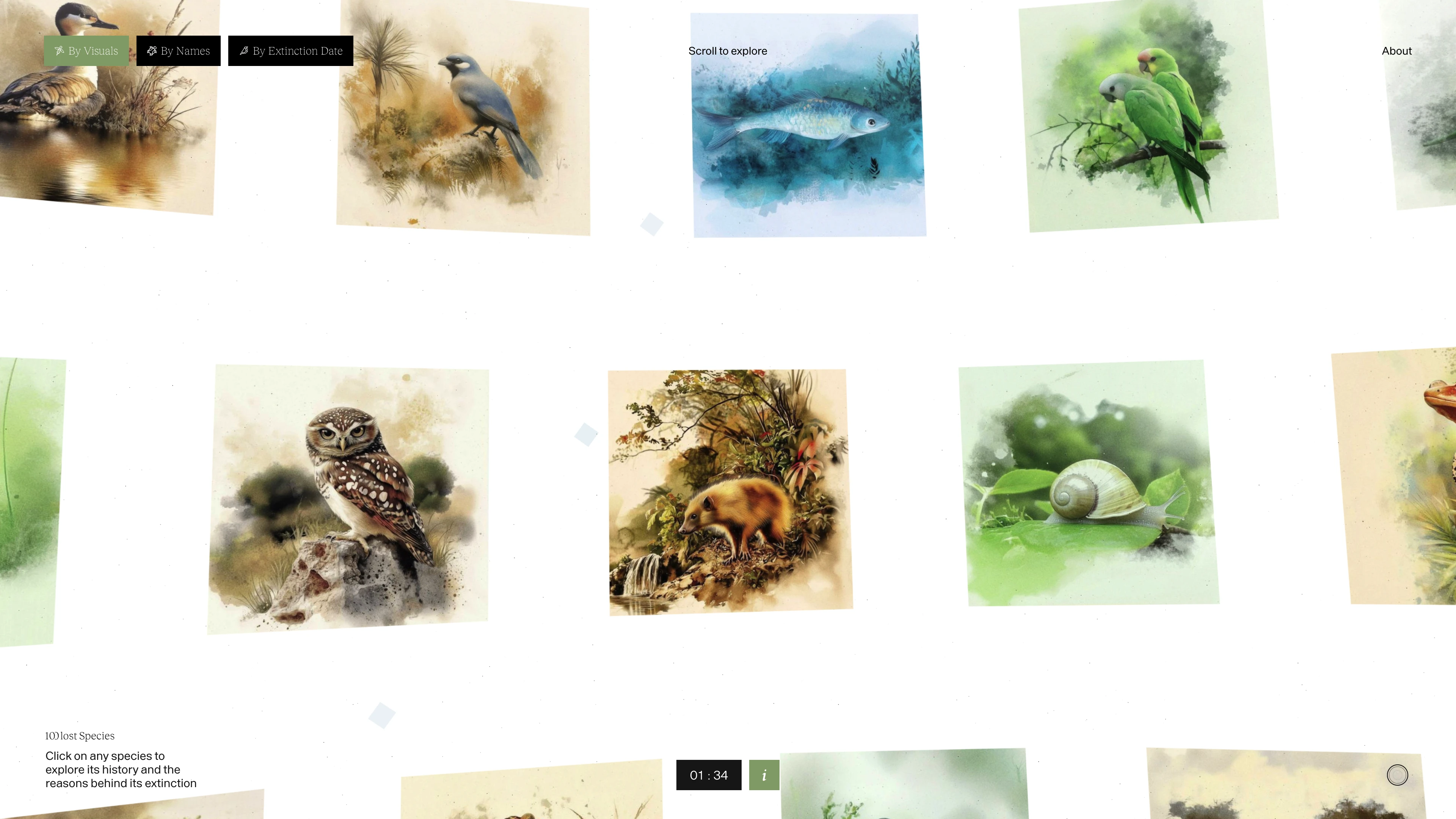Full page screenshot of the 100 Lost Species website. The 100 Lost Species aims to raise public awareness of animal extinction and …