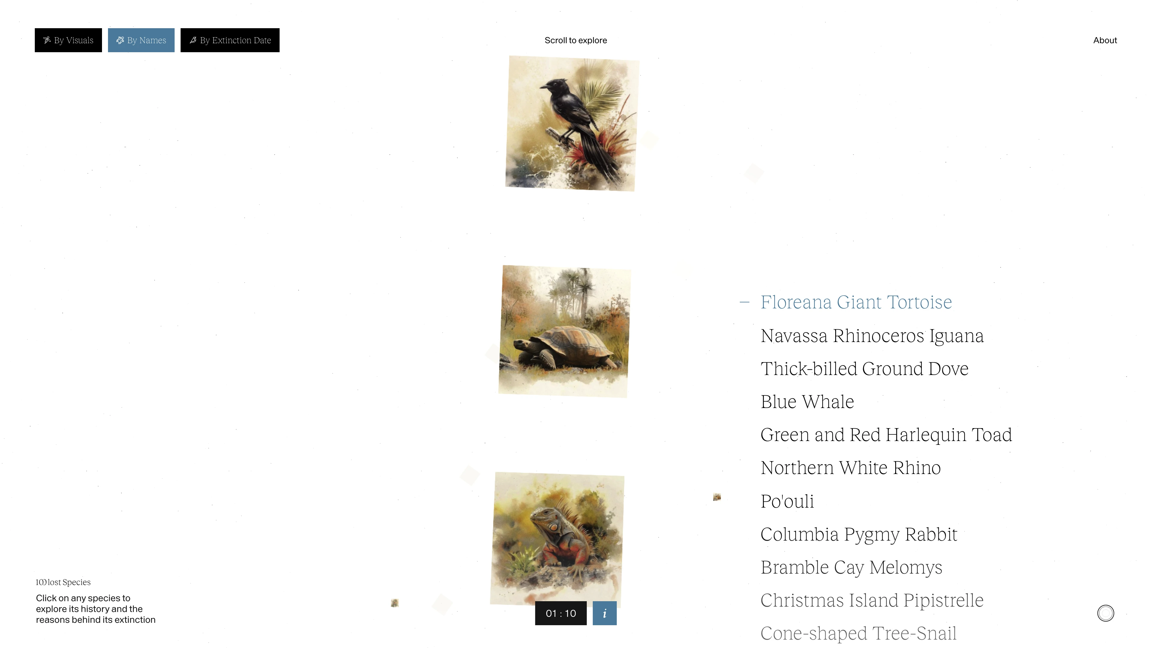 Full page screenshot of the 100 Lost Species website. The 100 Lost Species aims to raise public awareness of animal extinction and …