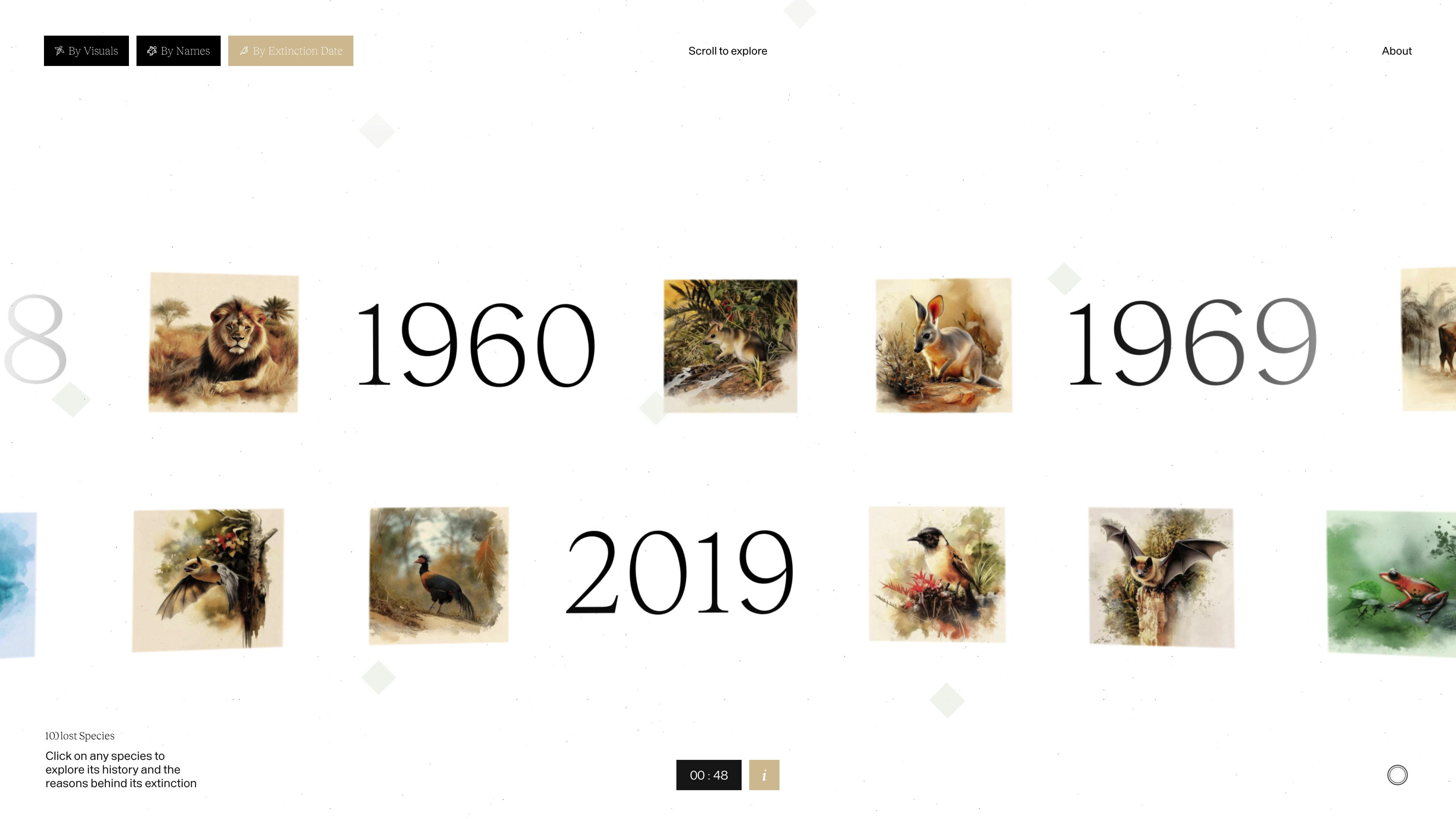 Full page screenshot of the 100 Lost Species website. The 100 Lost Species aims to raise public awareness of animal extinction and …