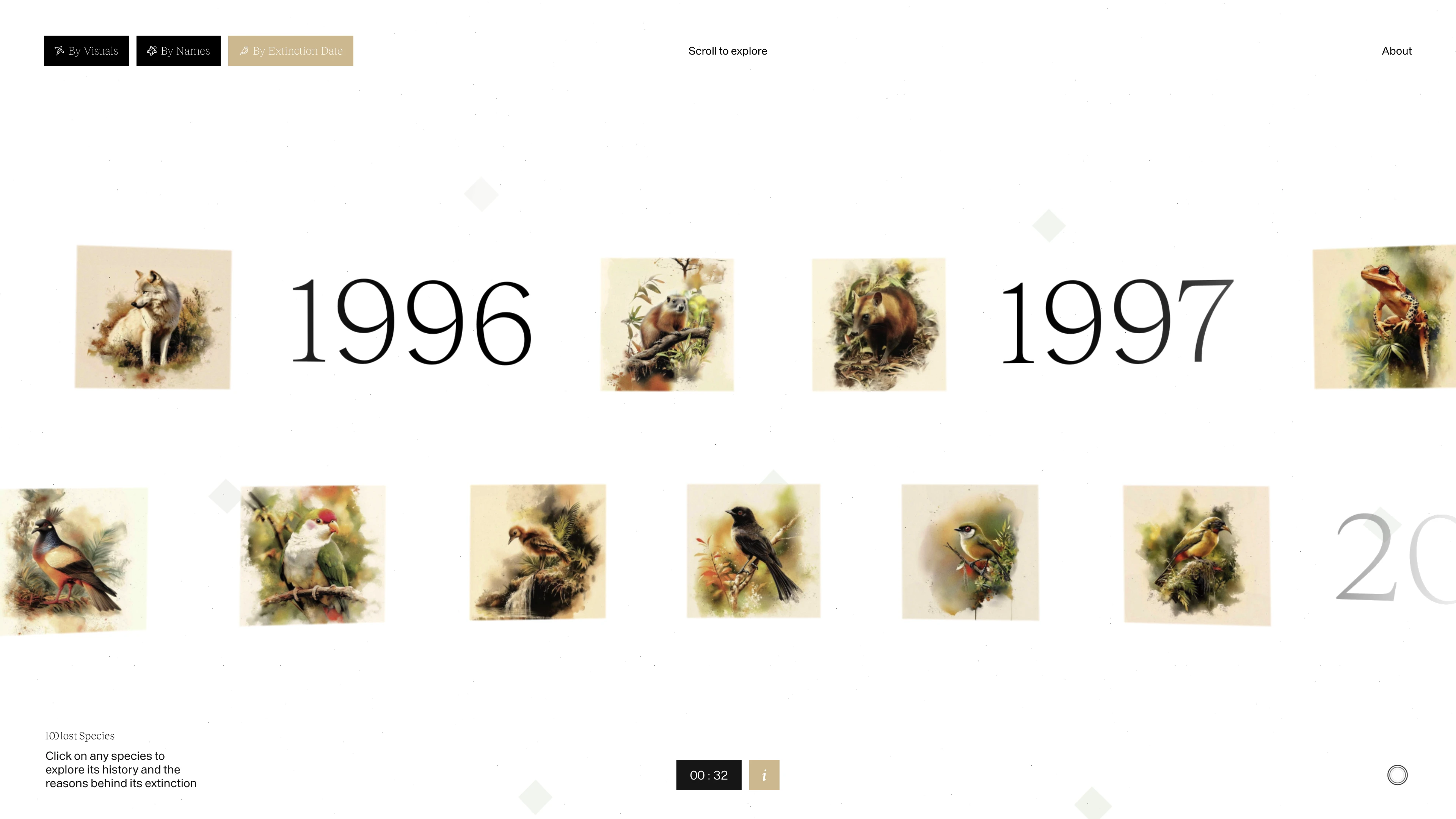 Full page screenshot of the 100 Lost Species website. The 100 Lost Species aims to raise public awareness of animal extinction and …