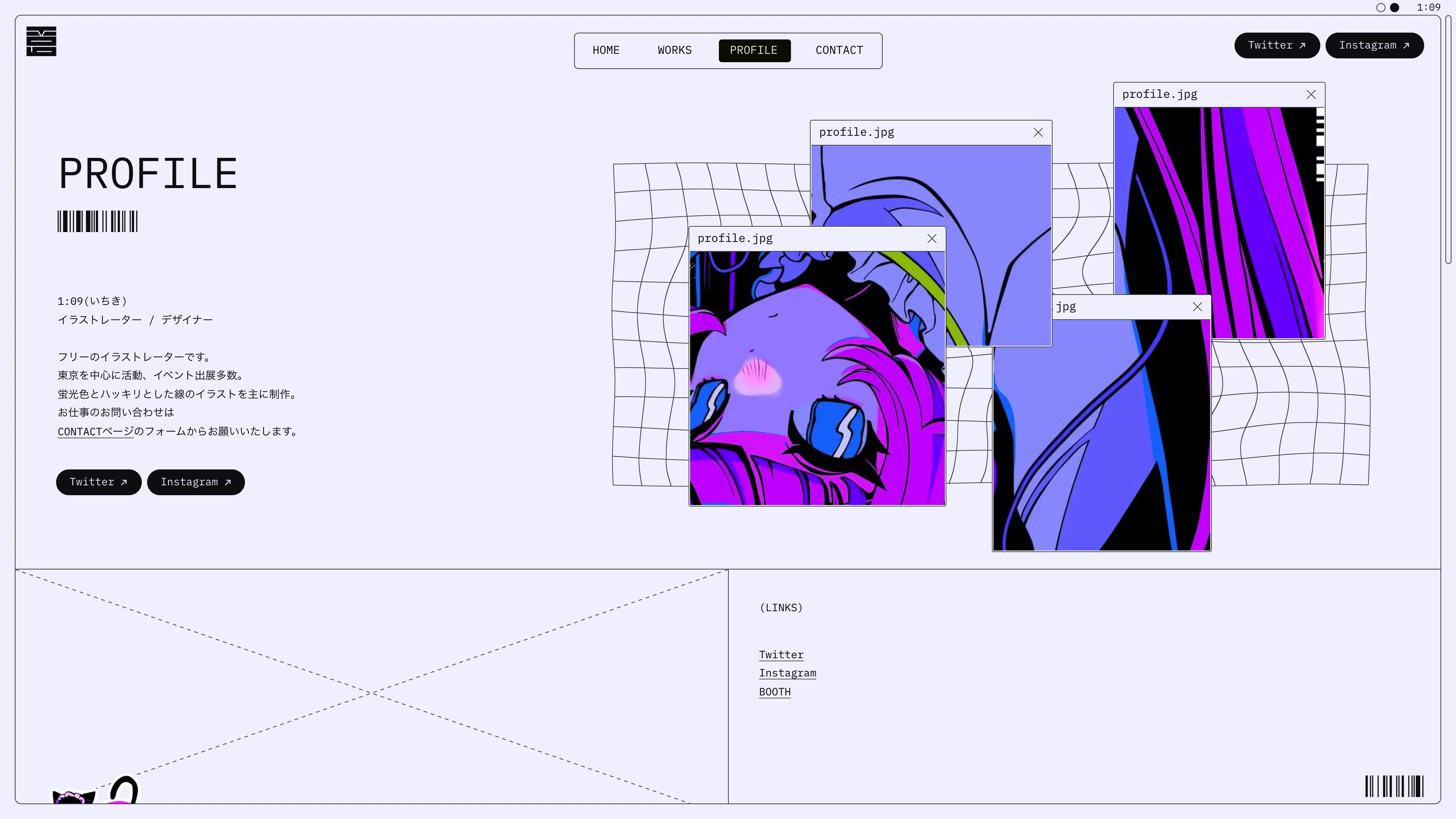 Full page screenshot of the 1:09 Ichiki website. I'm 1:09 (Ichiki), a freelance illustrator. I work mainly in Tokyo and exhibit …