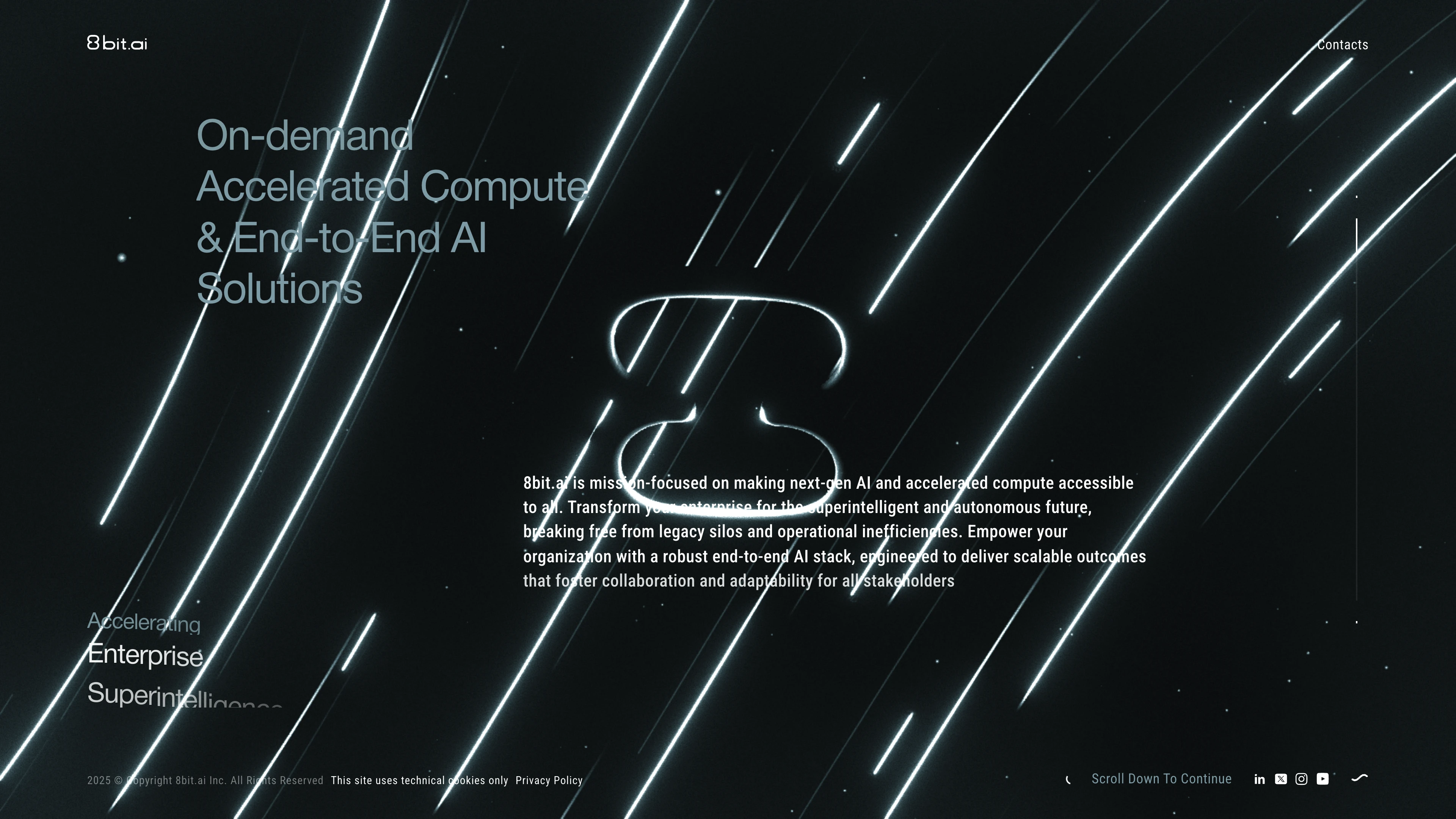 Full page screenshot of the 8bit website. Deploy AI workloads, ML apps, GenAI models on world-class xPUs on demand, via …