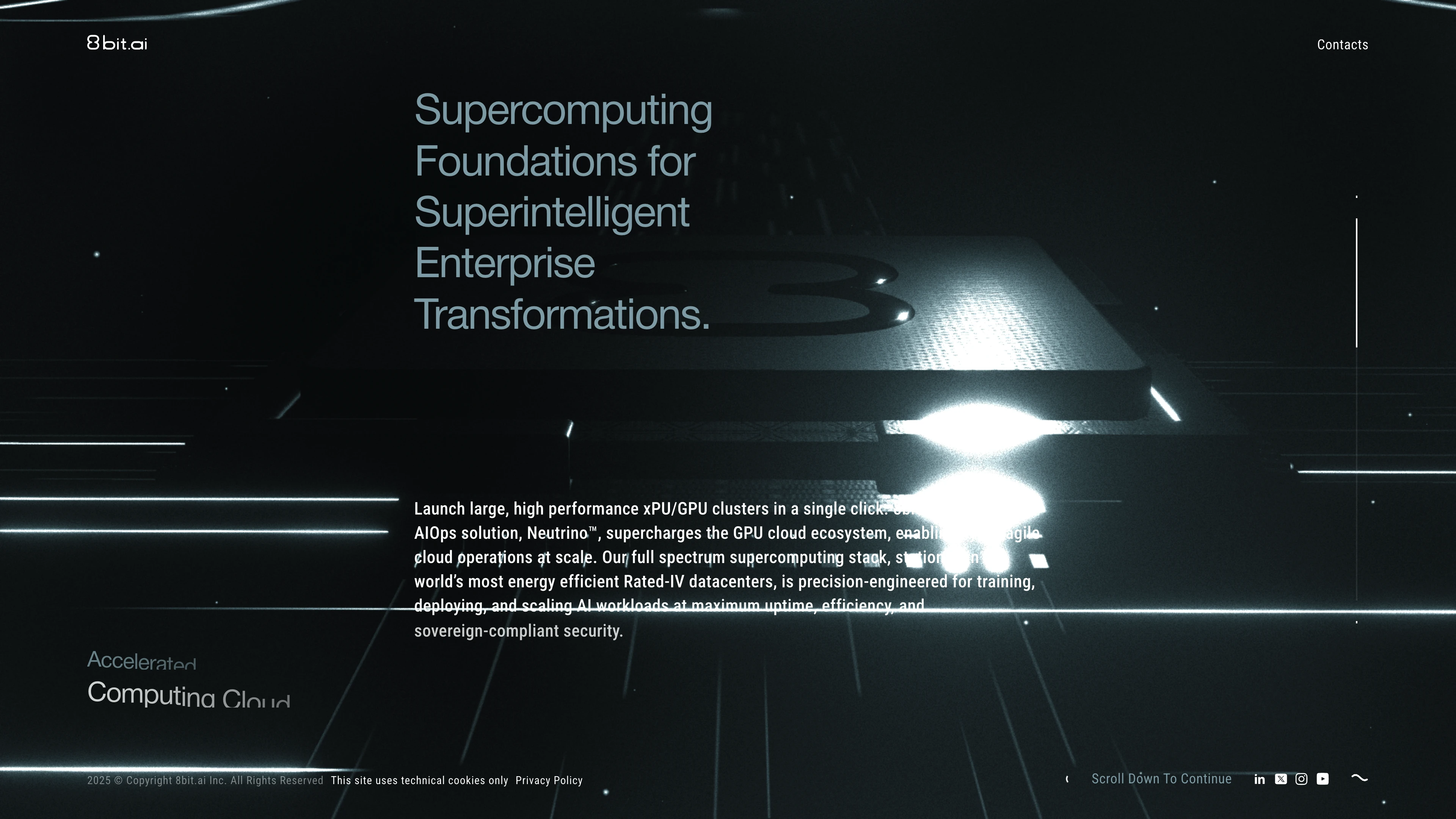 Full page screenshot of the 8bit website. Deploy AI workloads, ML apps, GenAI models on world-class xPUs on demand, via …