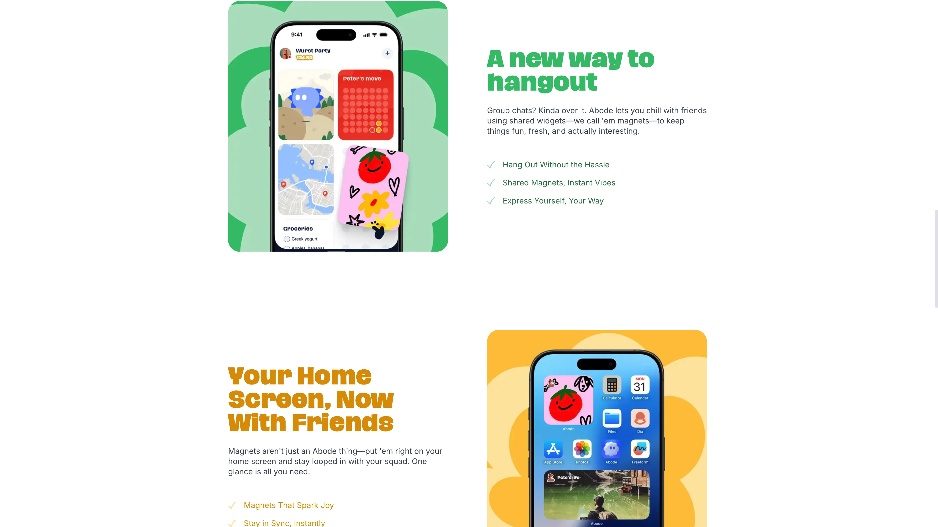 Full page screenshot of the Abode website. Abode is the best place to hang out on your phone. Multiplayer widgets in a …