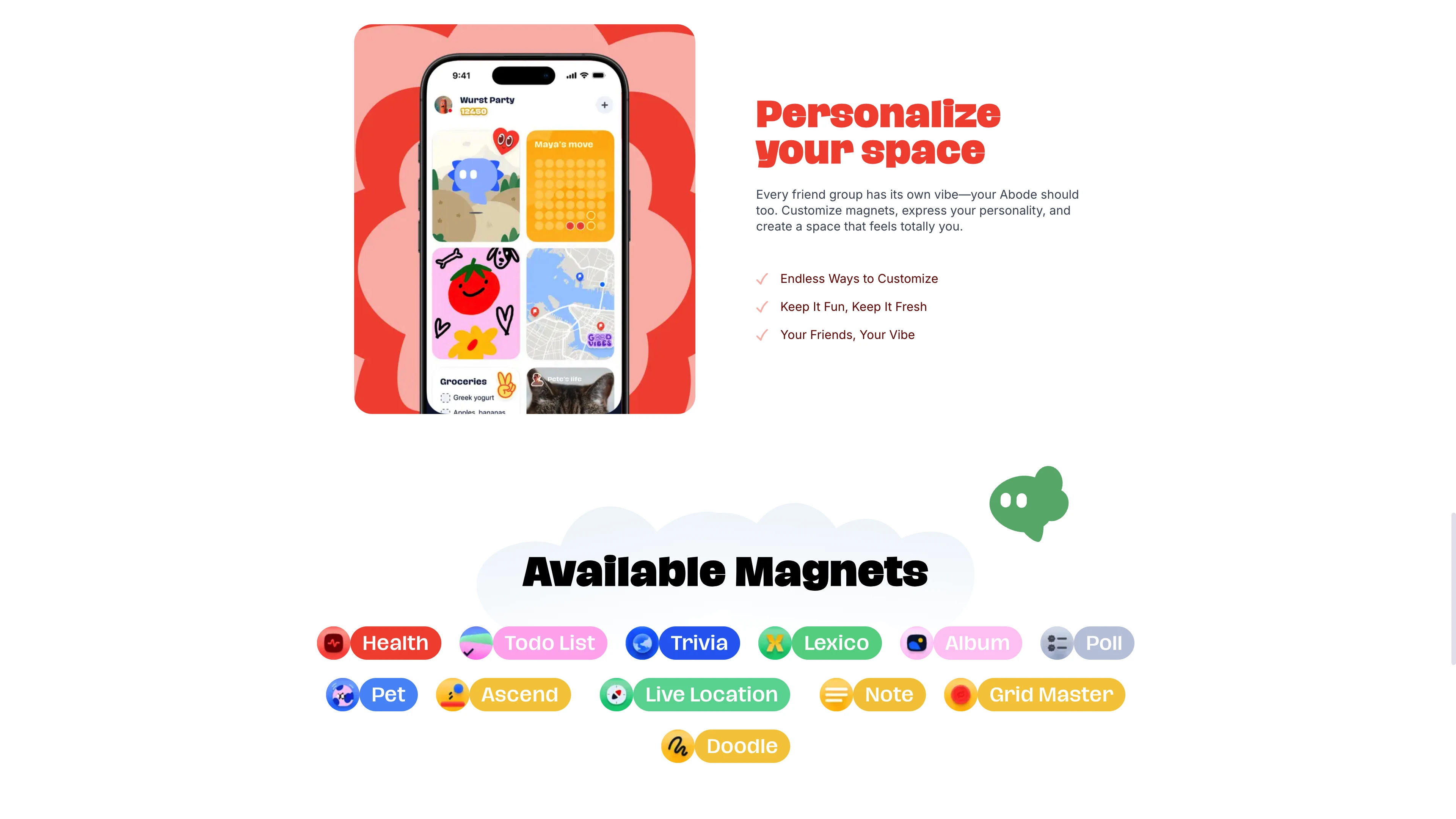 Full page screenshot of the Abode website. Abode is the best place to hang out on your phone. Multiplayer widgets in a …