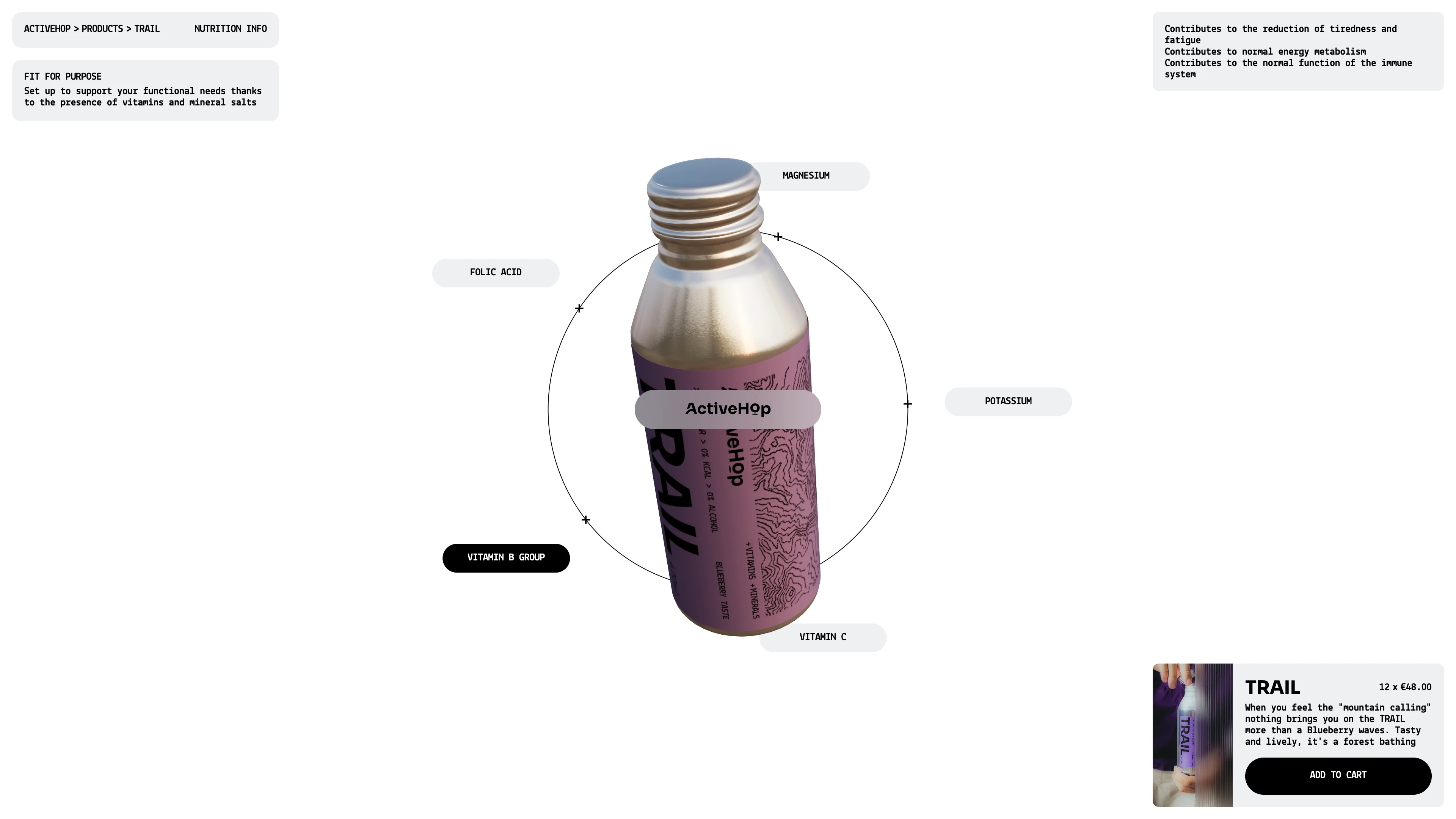 Full page screenshot of the ActiveHop website. Experience ActiveHop premium sparkling hop water. Three unique flavors: Drop, …