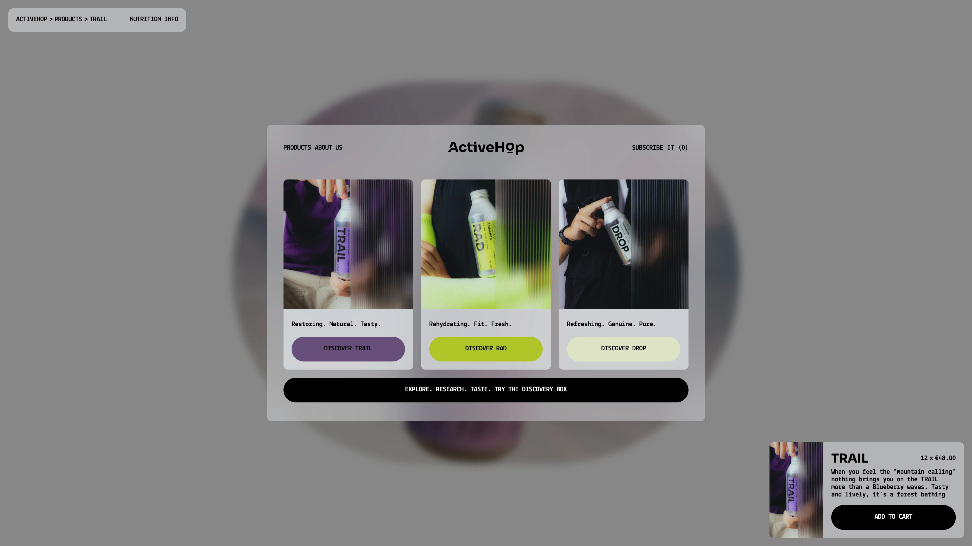 Full page screenshot of the ActiveHop website. Experience ActiveHop premium sparkling hop water. Three unique flavors: Drop, …