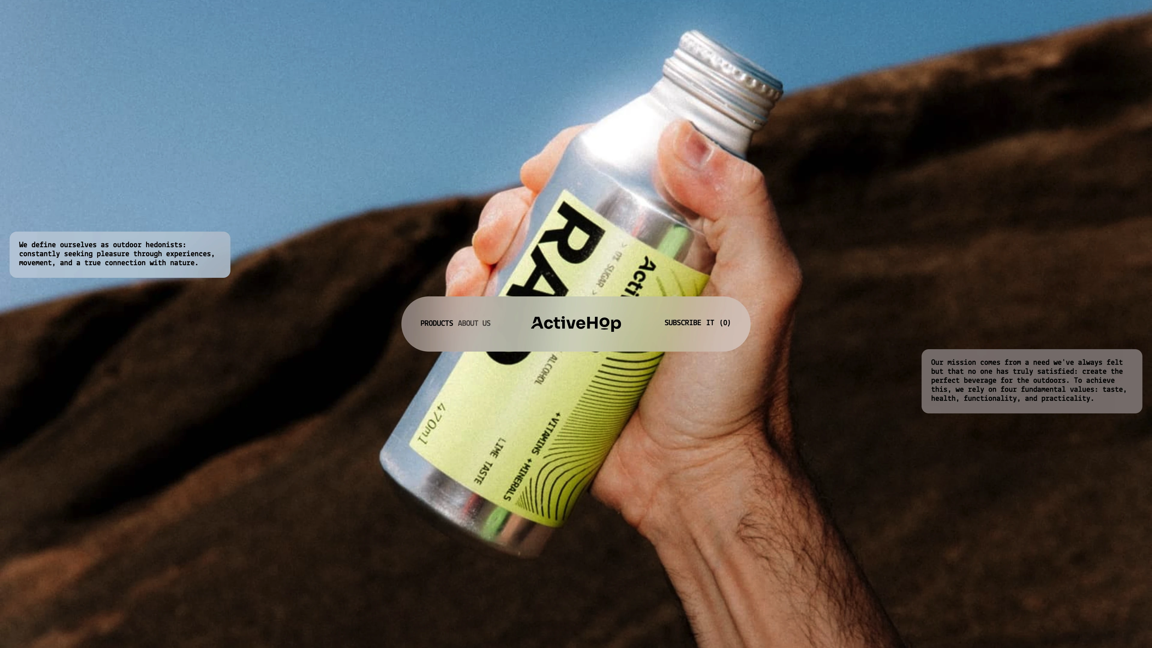 Full page screenshot of the ActiveHop website. Experience ActiveHop premium sparkling hop water. Three unique flavors: Drop, …