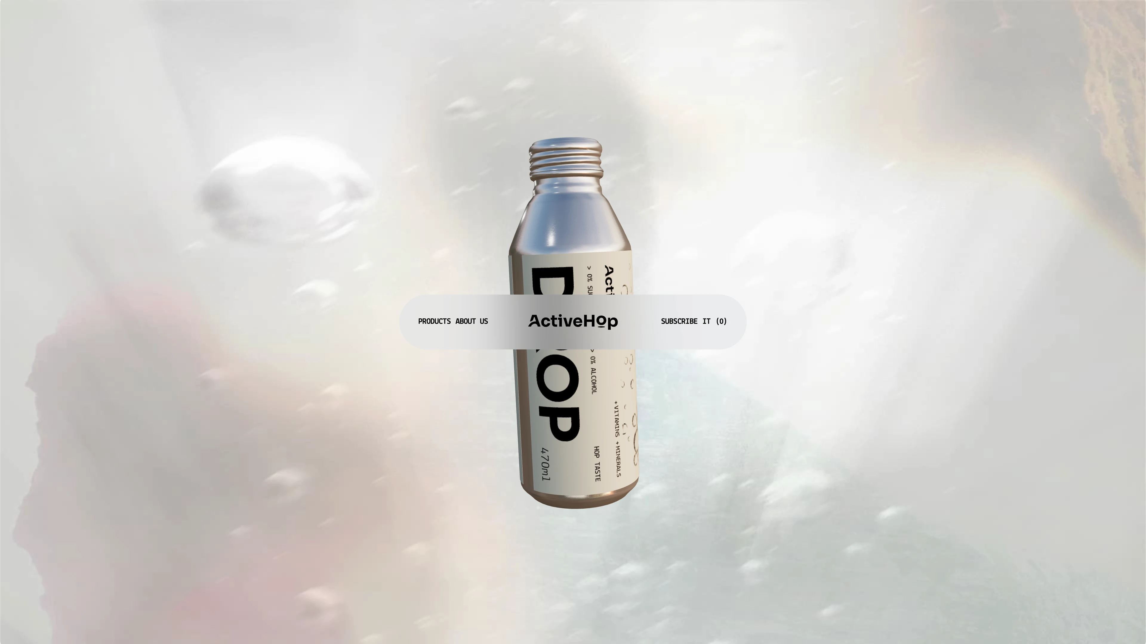 Full page screenshot of the ActiveHop website. Experience ActiveHop premium sparkling hop water. Three unique flavors: Drop, …