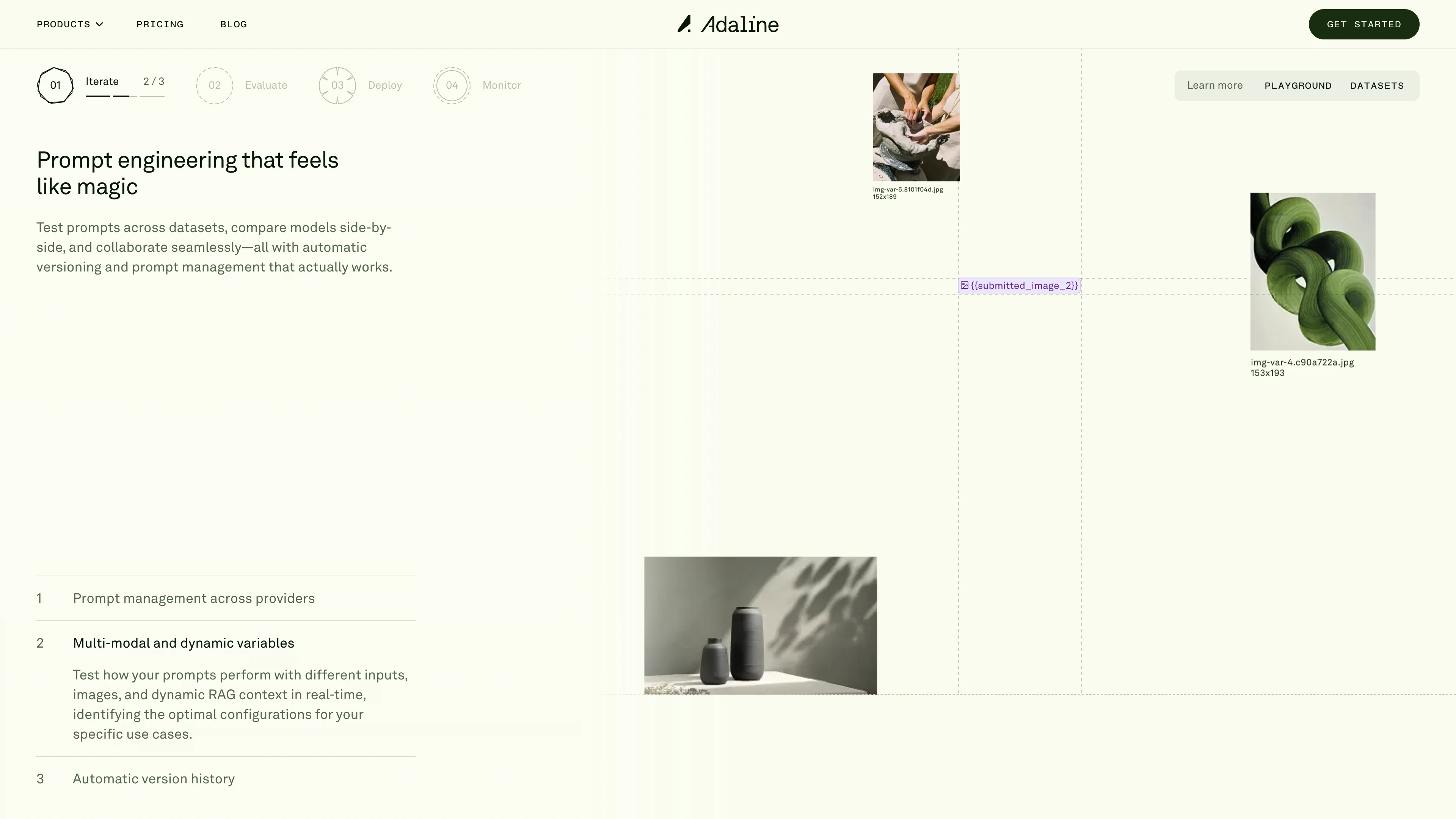 Full page screenshot of the Adaline website. The single platform to iterate, evaluate, deploy, and monitor LLMs.