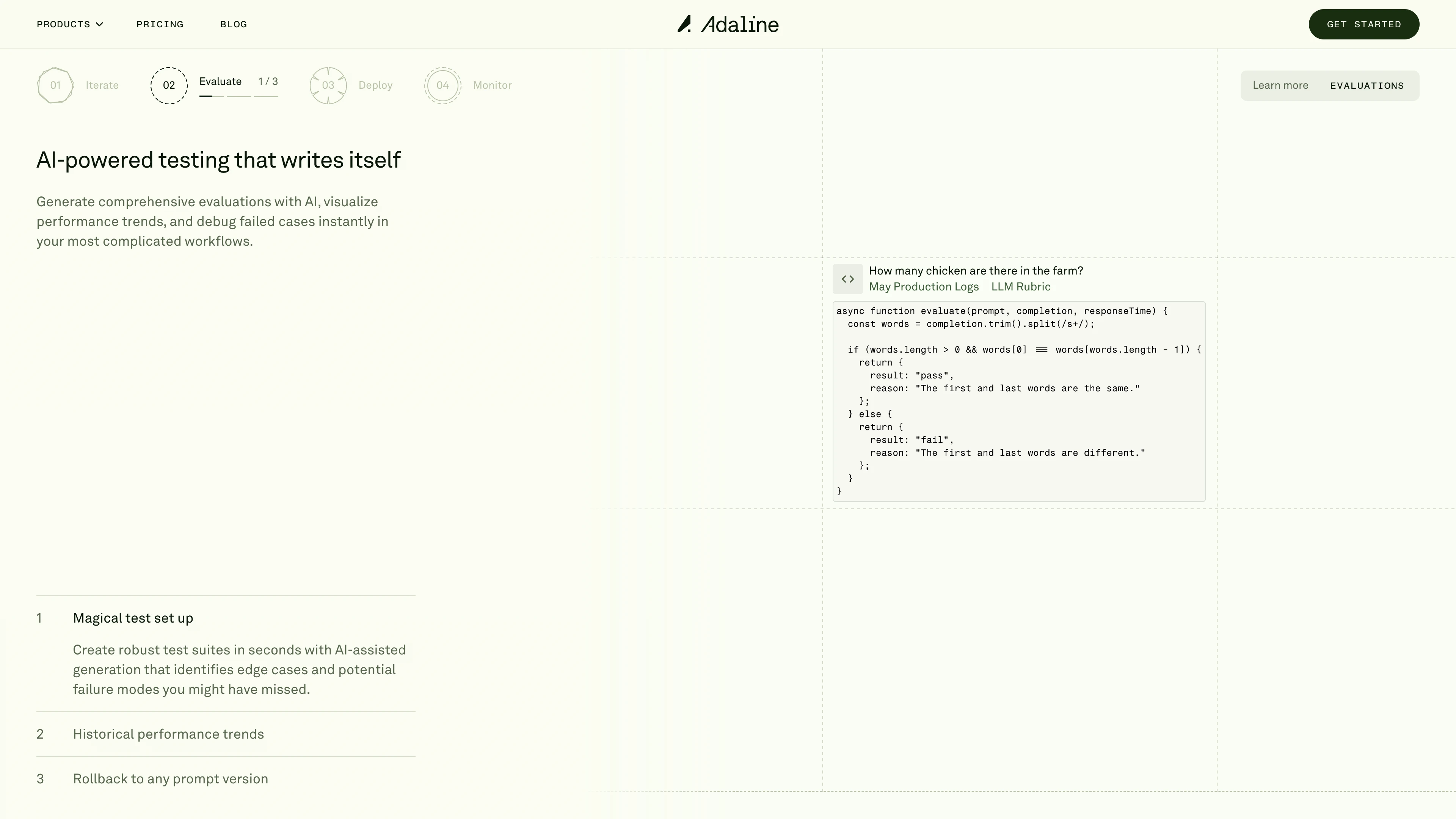 Full page screenshot of the Adaline website. The single platform to iterate, evaluate, deploy, and monitor LLMs.