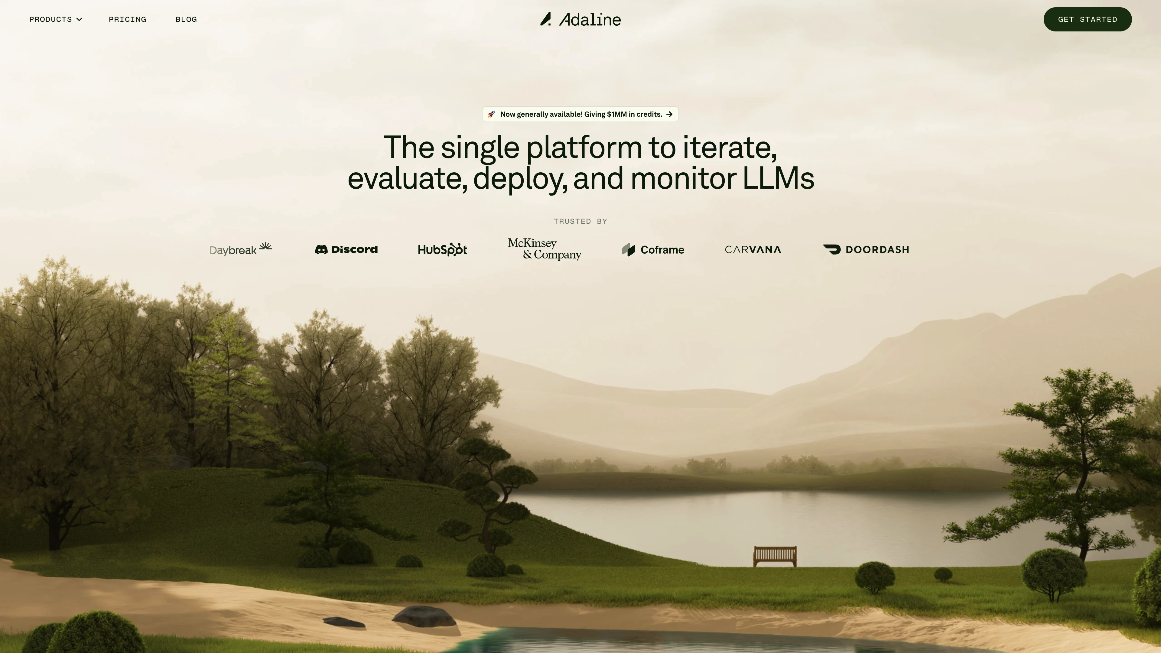 Full page screenshot of the Adaline website. The single platform to iterate, evaluate, deploy, and monitor LLMs.