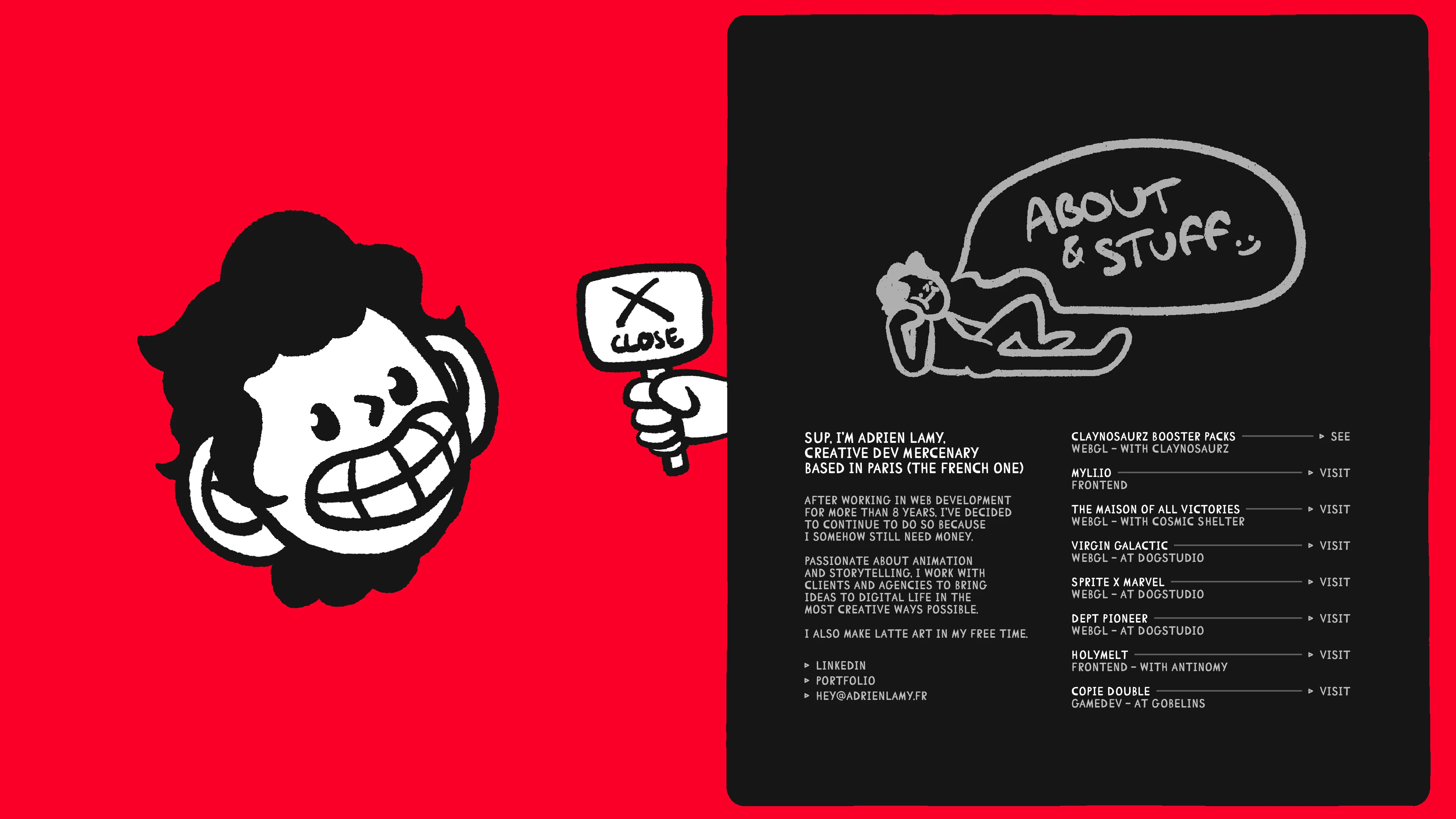 Full page screenshot of the Adrien Lamy website. Independent Creative Developer based in Paris, passionate about animation and …