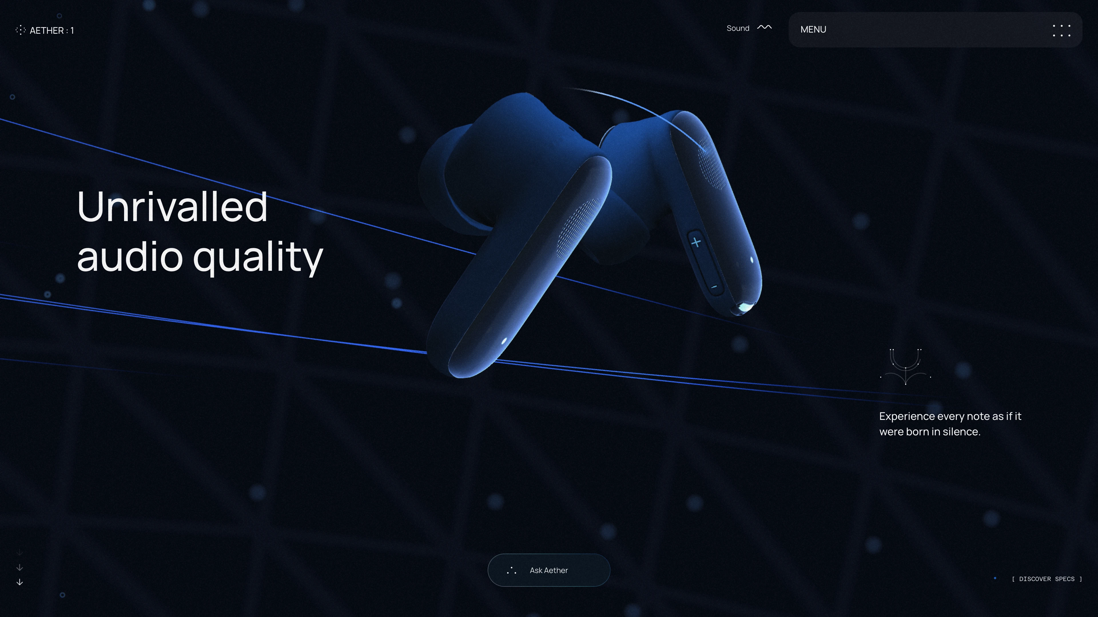 Full page screenshot of the Aether 1 Earbuds website. A powerful web experience for the Aether 1 Earbuds, by OFF+BRAND.