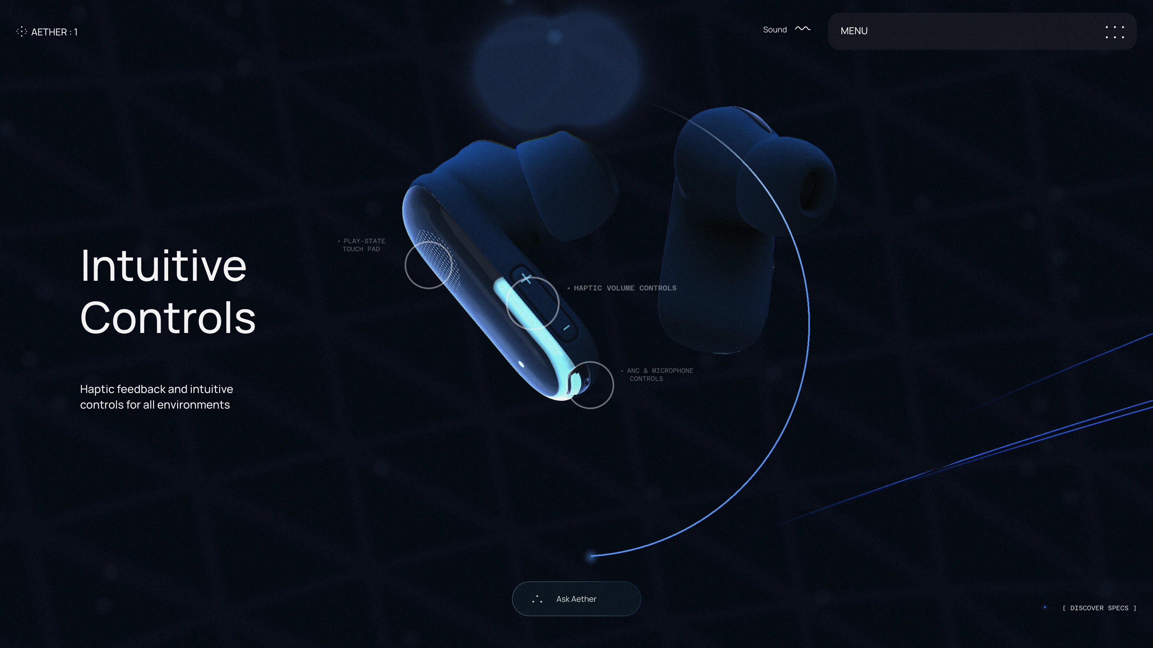 Full page screenshot of the Aether 1 Earbuds website. A powerful web experience for the Aether 1 Earbuds, by OFF+BRAND.