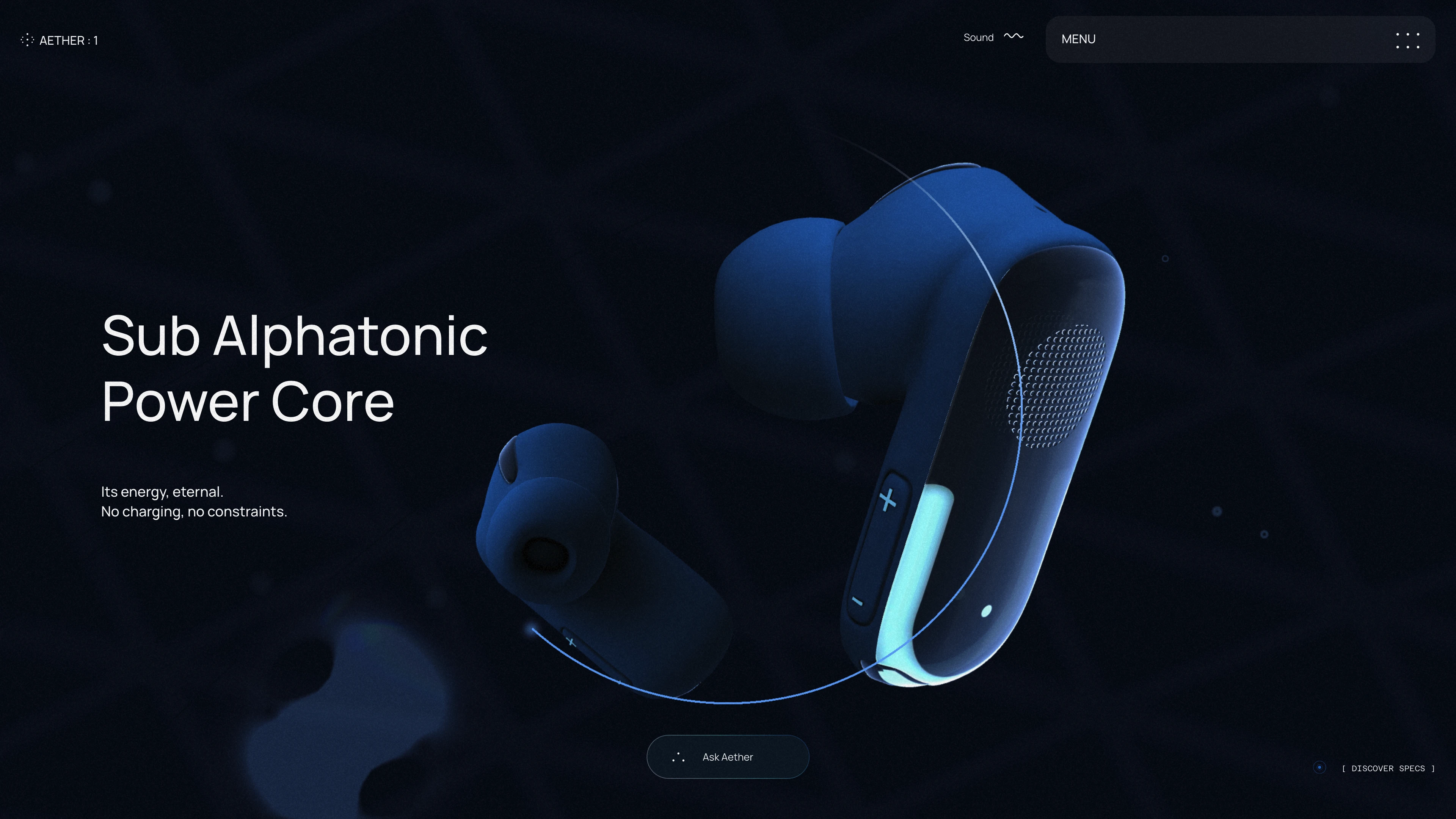 Full page screenshot of the Aether 1 Earbuds website. A powerful web experience for the Aether 1 Earbuds, by OFF+BRAND.
