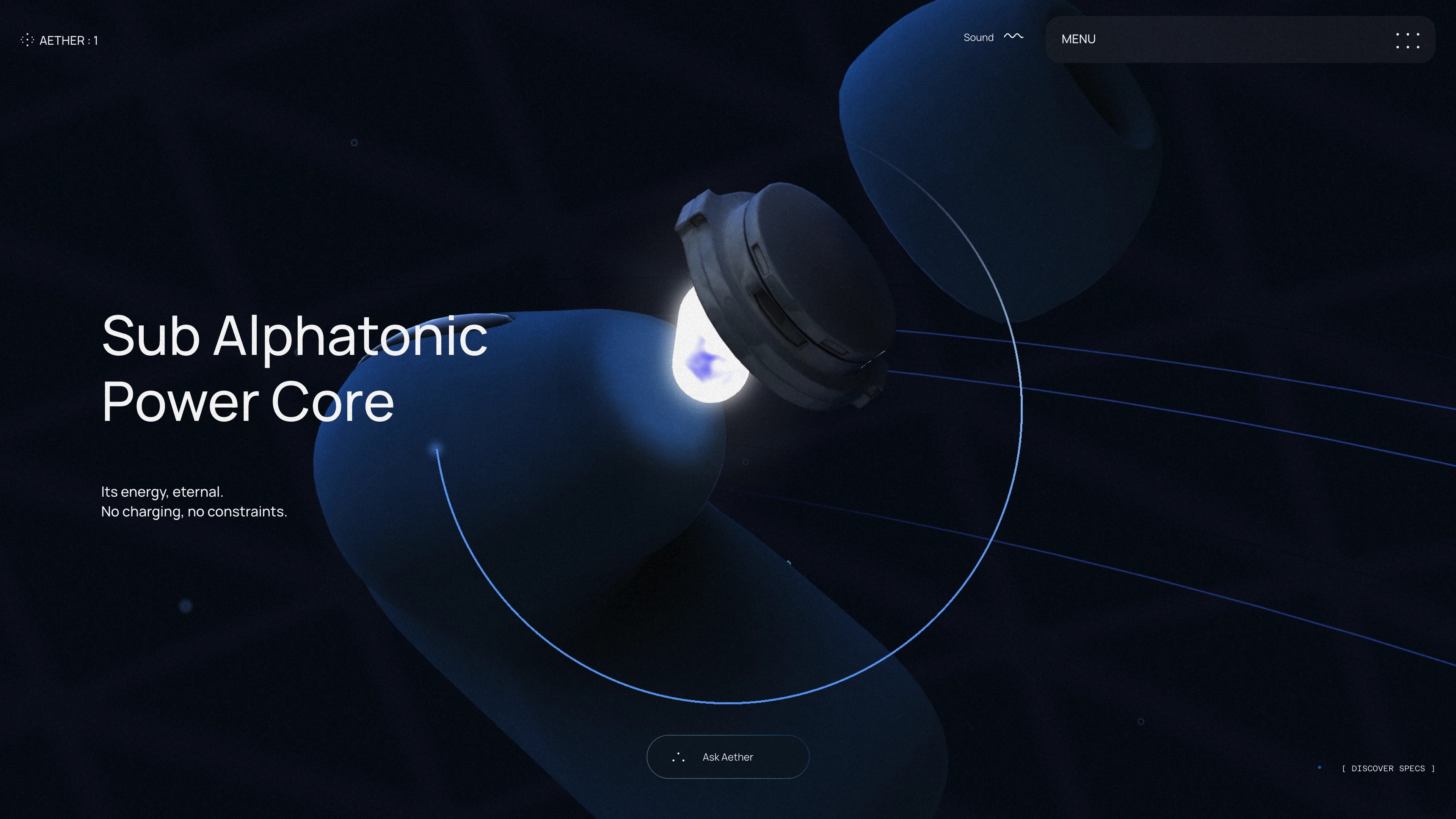 Full page screenshot of the Aether 1 Earbuds website. A powerful web experience for the Aether 1 Earbuds, by OFF+BRAND.