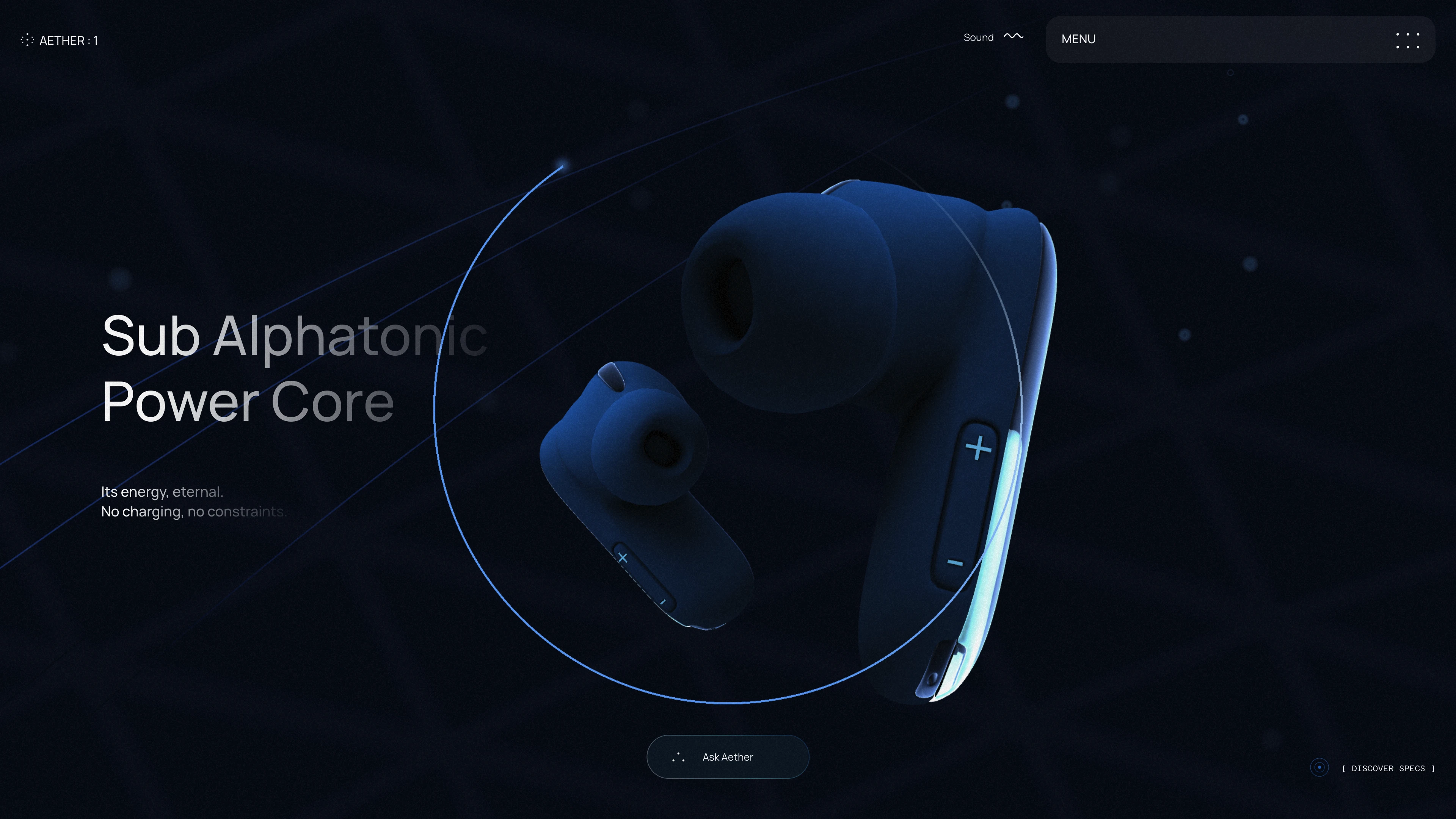 Full page screenshot of the Aether 1 Earbuds website. A powerful web experience for the Aether 1 Earbuds, by OFF+BRAND.