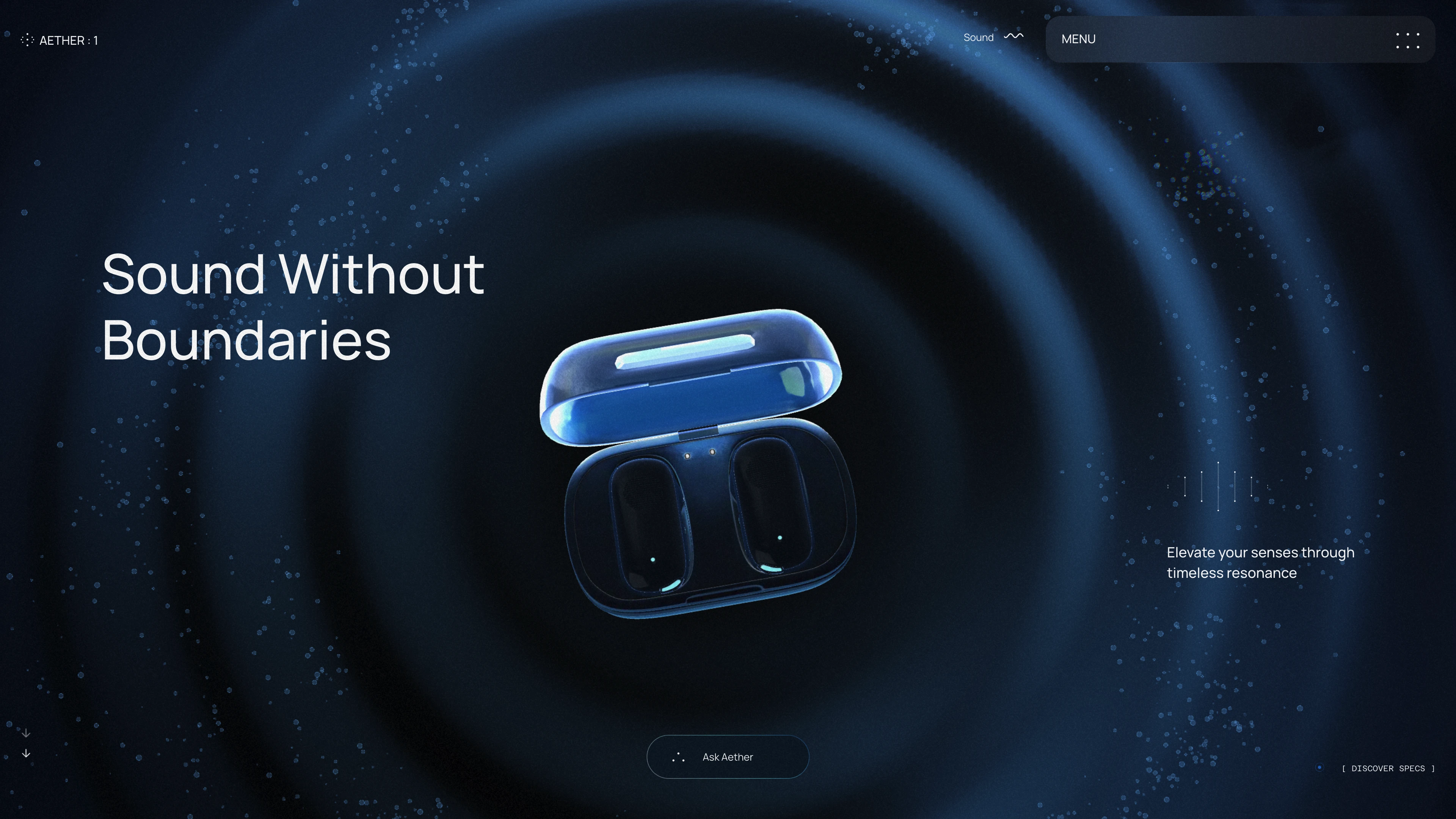 Full page screenshot of the Aether 1 Earbuds website. A powerful web experience for the Aether 1 Earbuds, by OFF+BRAND.
