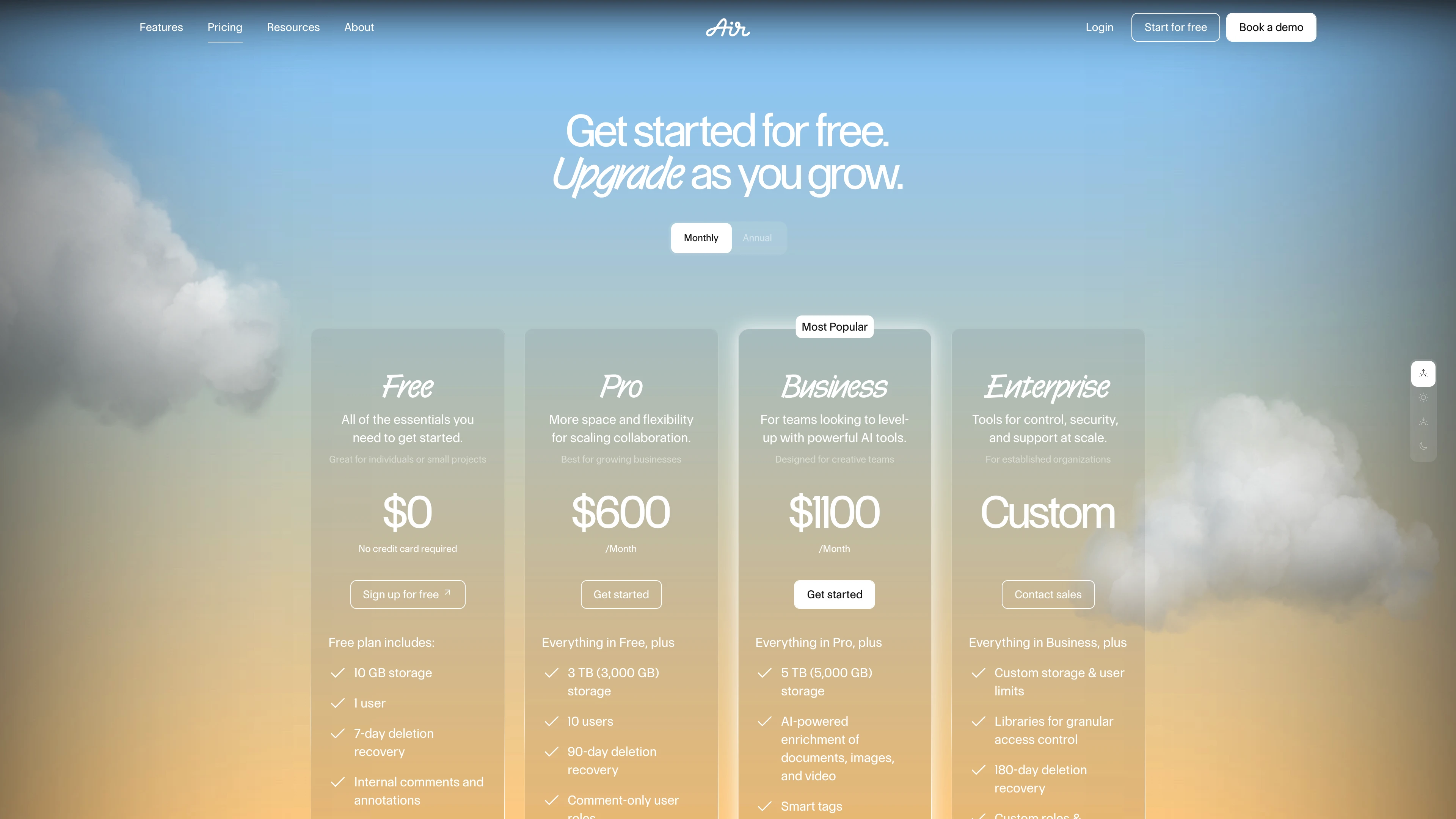Full page screenshot of the Air website. Creative Operations platform. From raw file to final deliverable, Air is the …