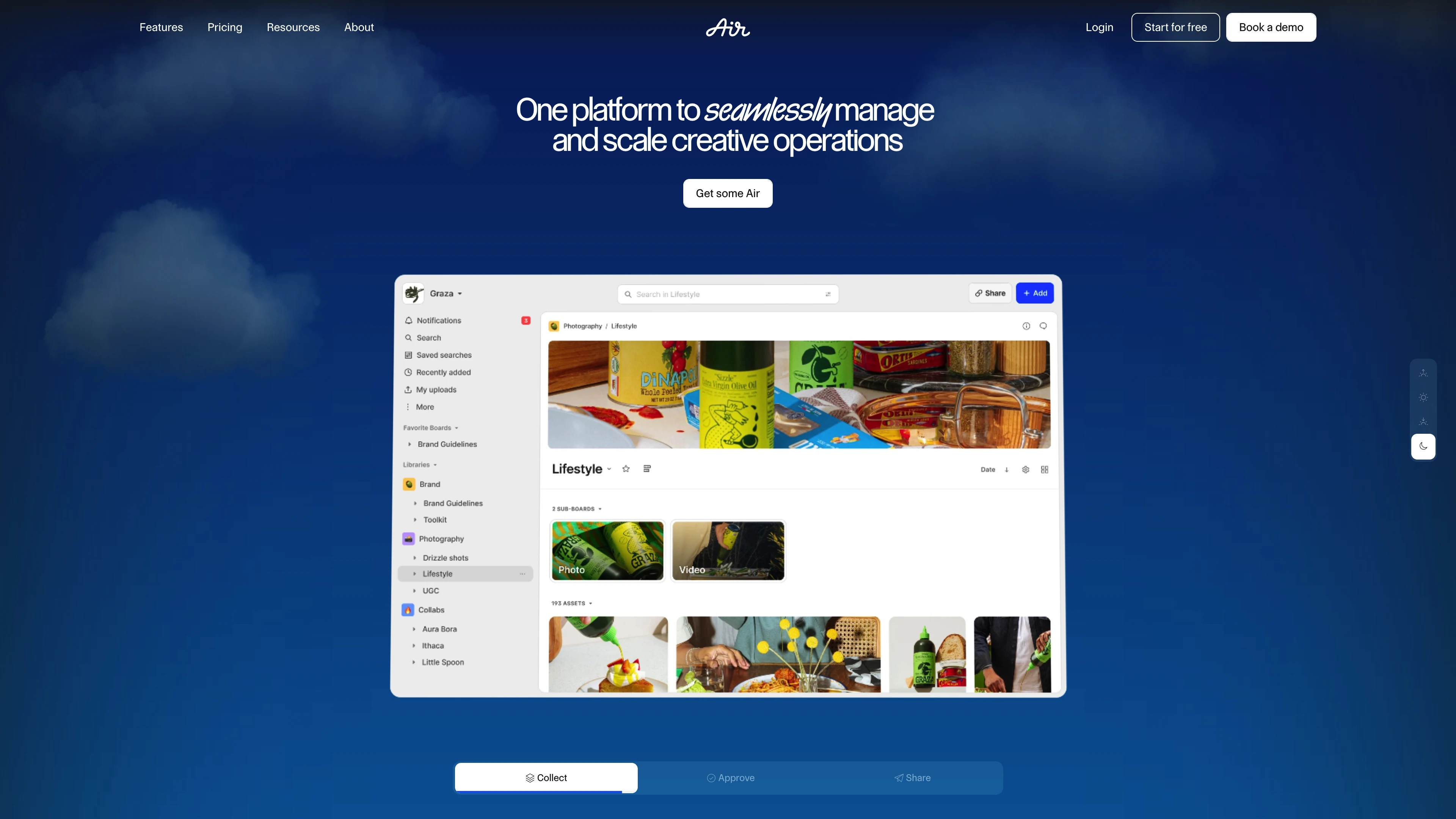 Full page screenshot of the Air website. Creative Operations platform. From raw file to final deliverable, Air is the …