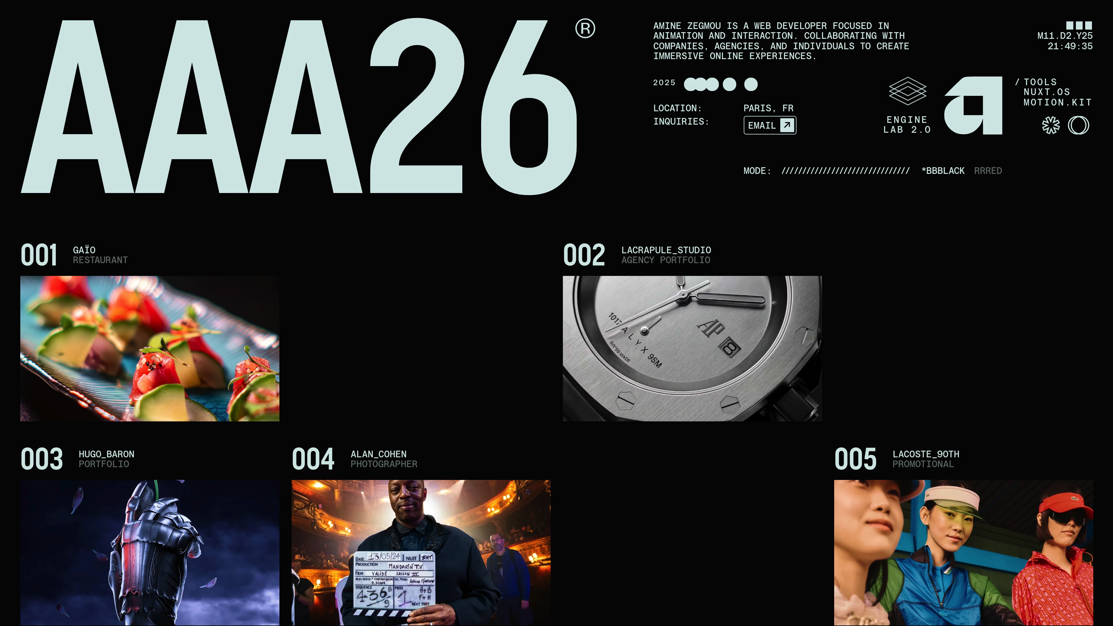 Full page screenshot of the Amine Zegmou website. Amine Zegmou is a web developer focused in animation and interaction. …