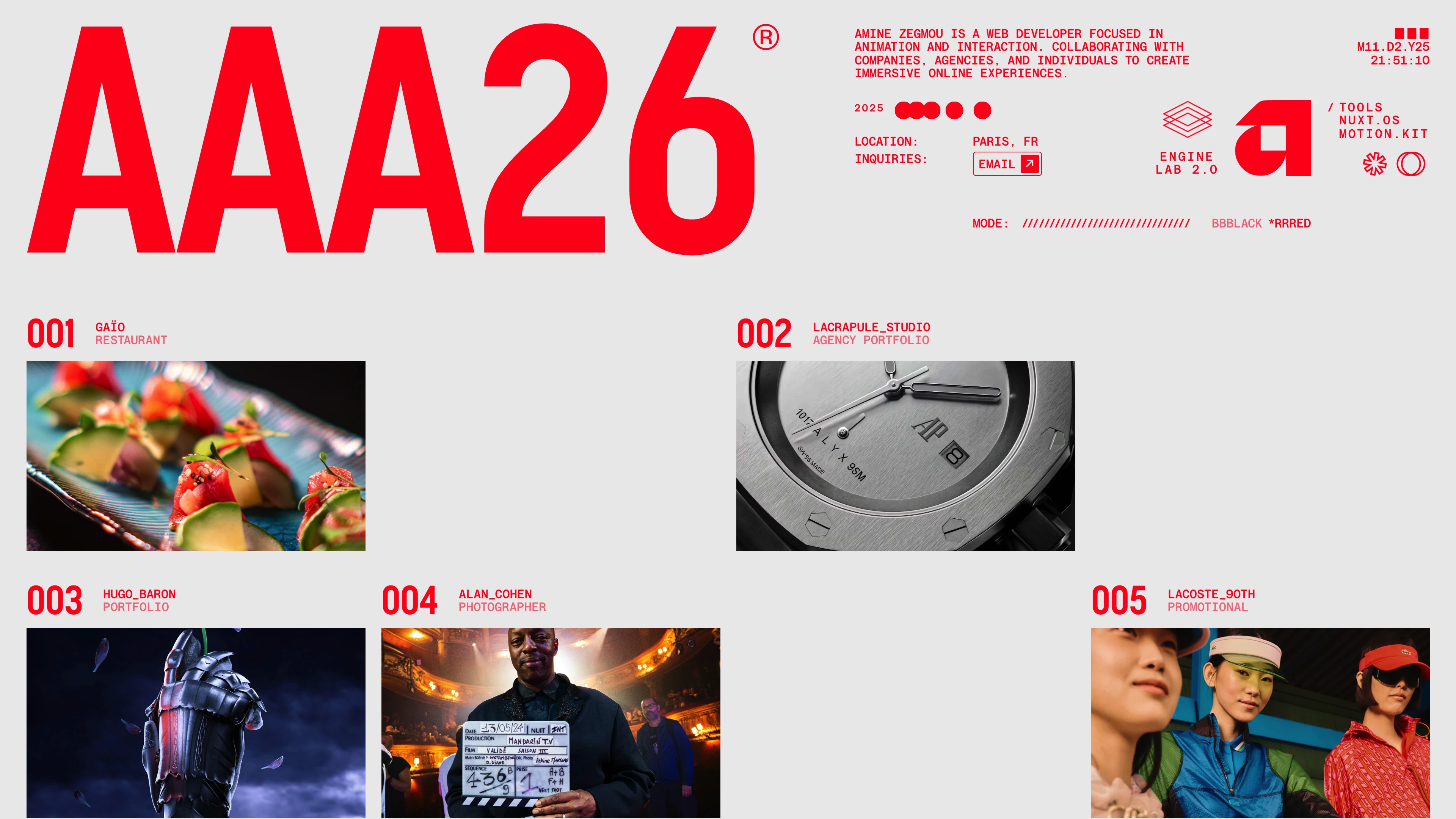 Full page screenshot of the Amine Zegmou website. Amine Zegmou is a web developer focused in animation and interaction. …