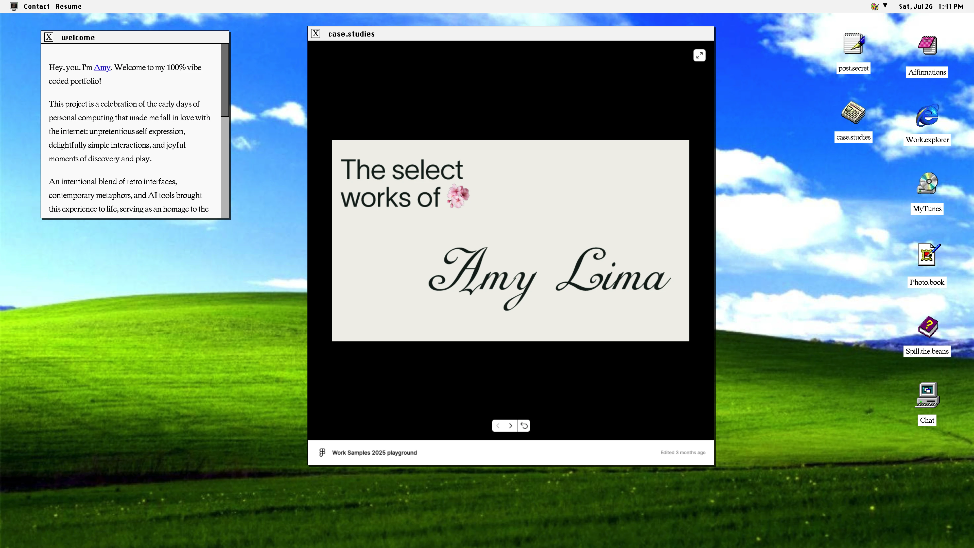 Full page screenshot of the limabeanOS website. A digital garden by Amy Lima, built with love, gratitude, nostalgia, and Cursor.
