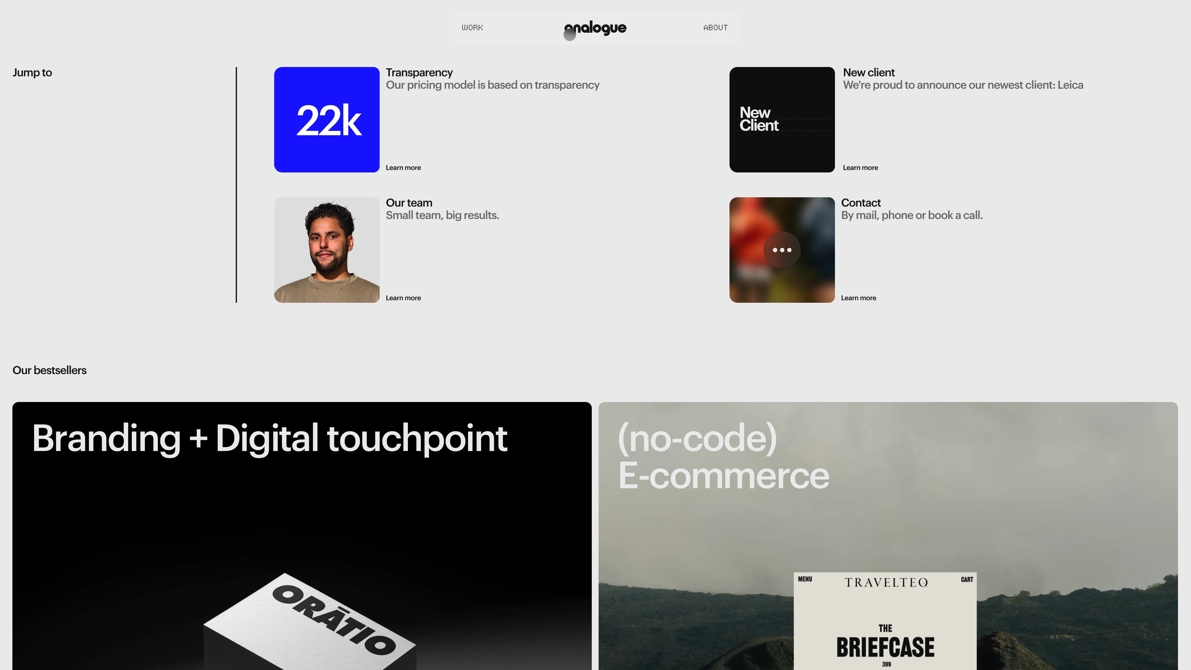 Full page screenshot of the Analogue Agency website. A premier destination for award-winning branding and digital design solutions. …