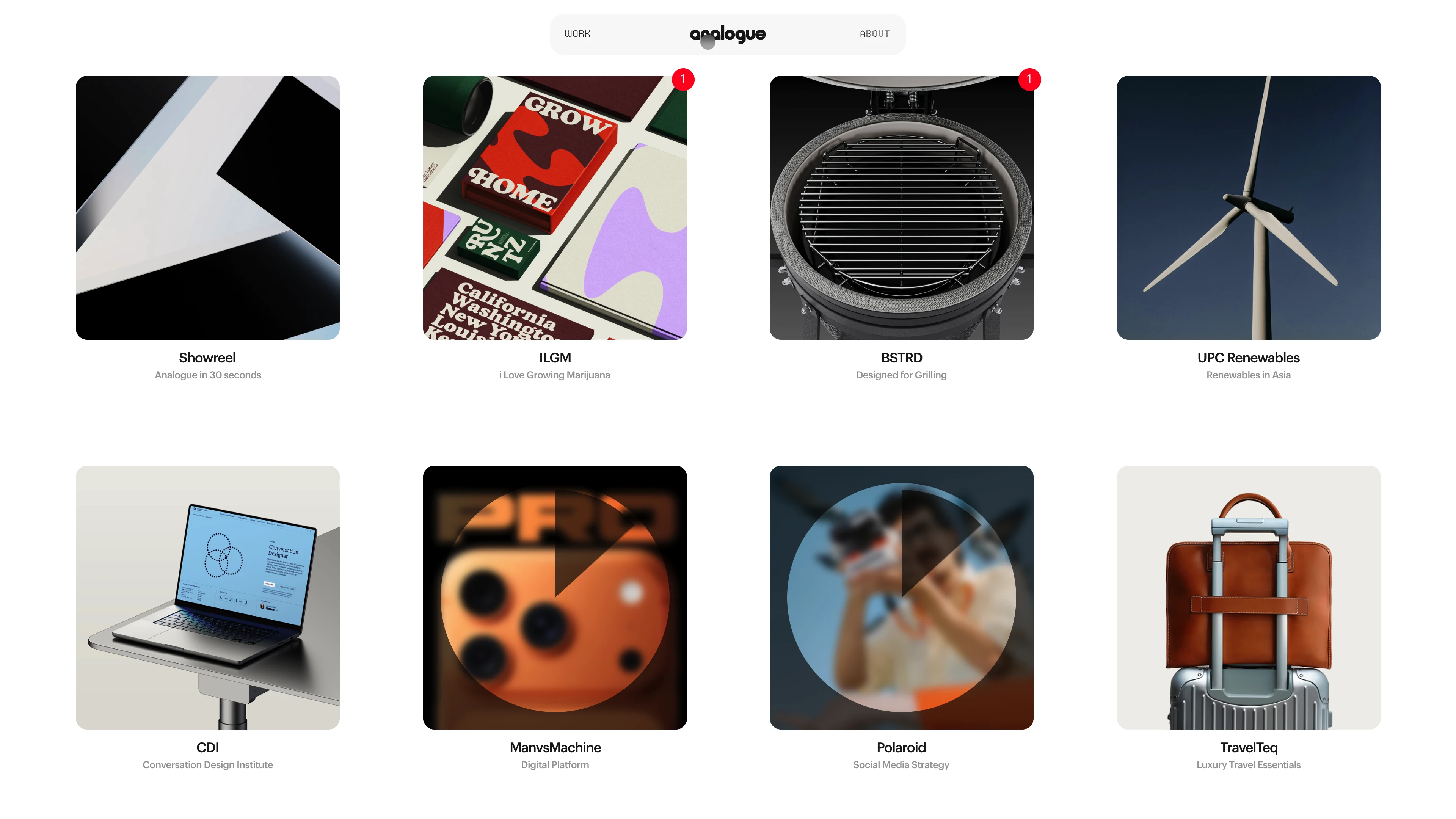 Full page screenshot of the Analogue Agency website. A premier destination for award-winning branding and digital design solutions. …