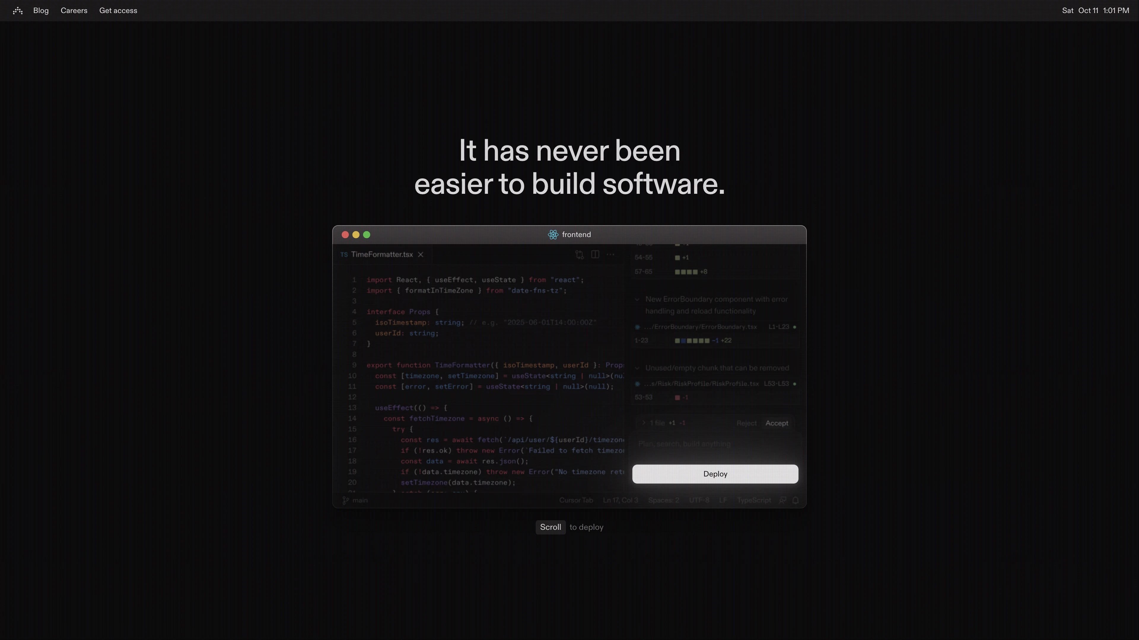 Full page screenshot of the Antimetal website. For everything that happens after you deploy. Antimetal is the AI platform to …