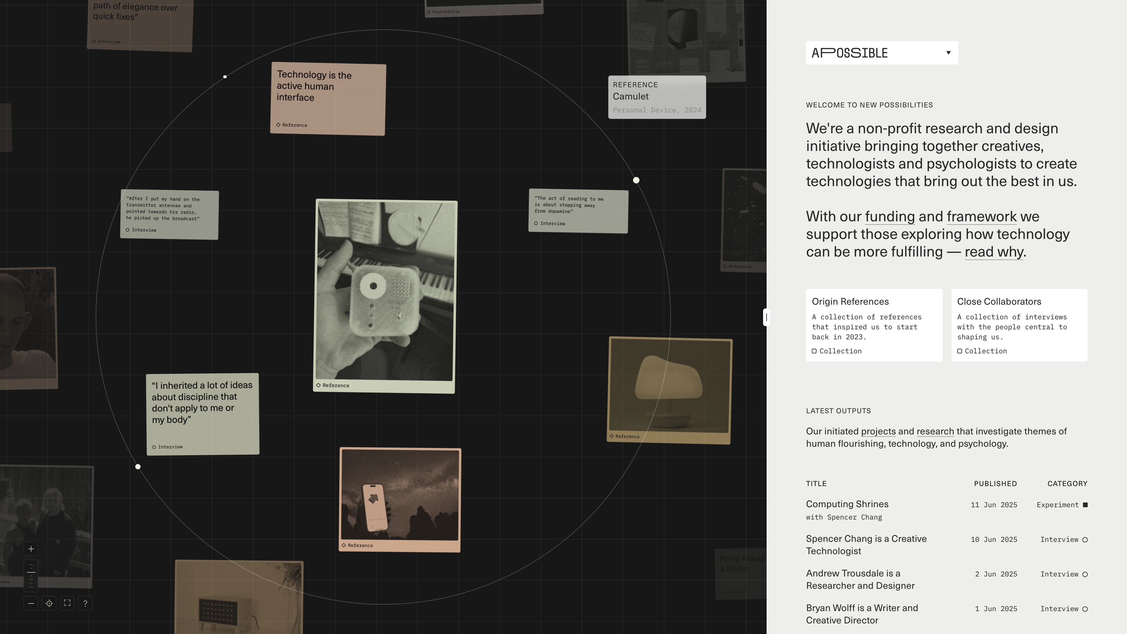 Full page screenshot of the APOSSIBLE website. We're a non-profit research and design initiative bringing together creatives, …