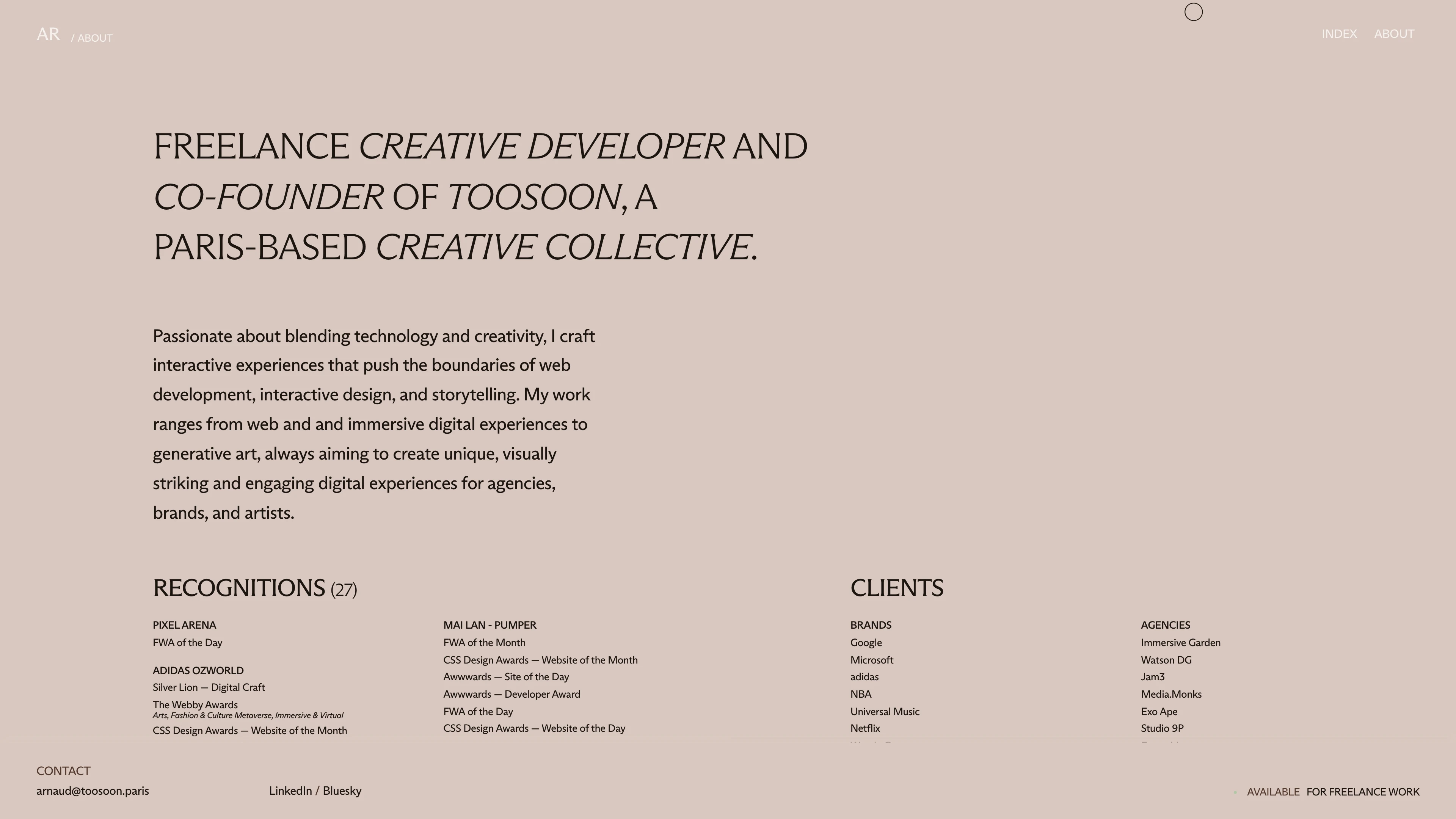 Full page screenshot of the Arnaud Rocca website. Freelance creative developer and co-founder of TOOSOON, a Paris-based creative …