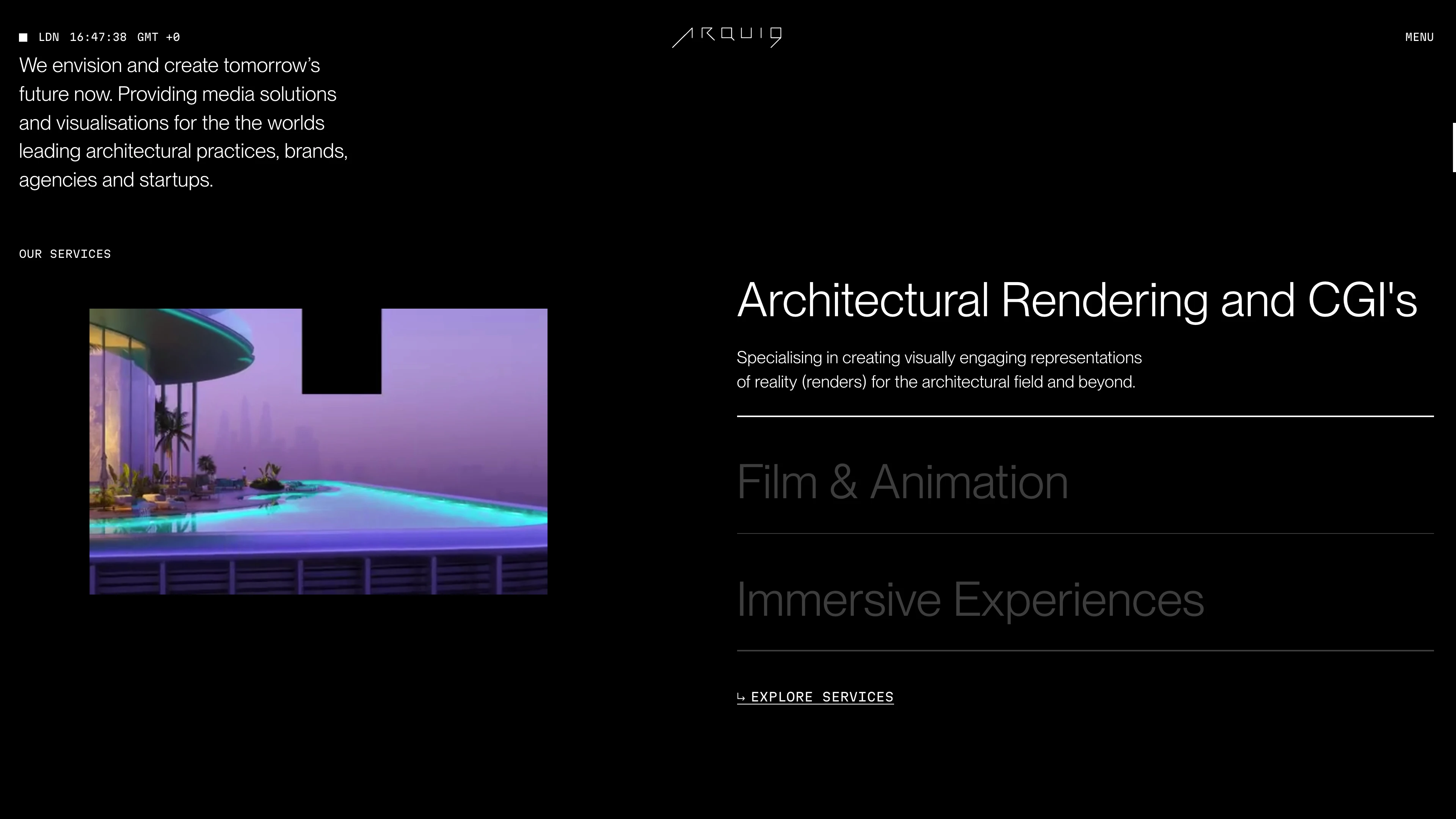 Full page screenshot of the Arqui9 website. Award Winning 3D Creative Agency. Arqui9 brings 10+ years of expertise in …