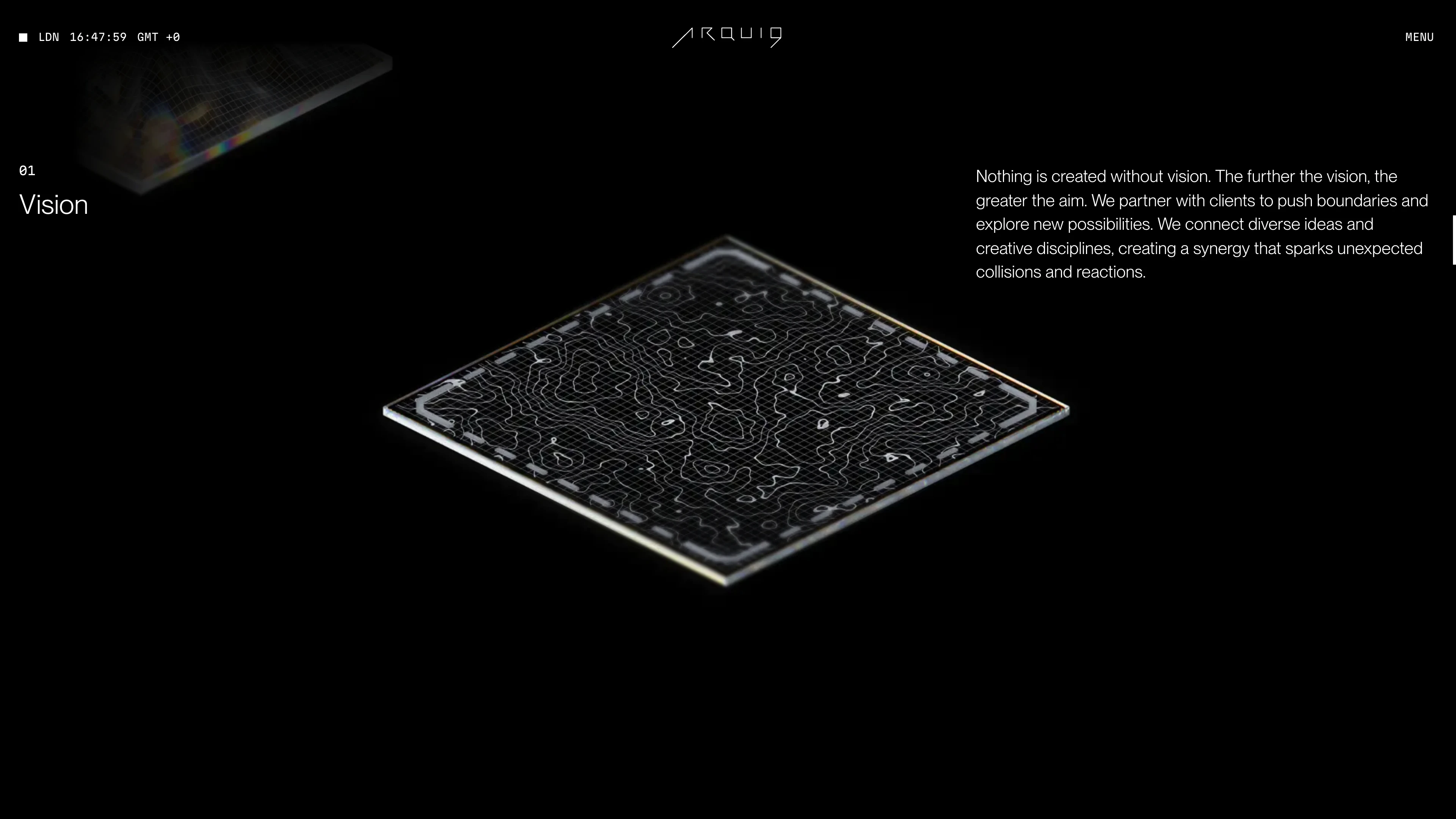 Full page screenshot of the Arqui9 website. Award Winning 3D Creative Agency. Arqui9 brings 10+ years of expertise in …
