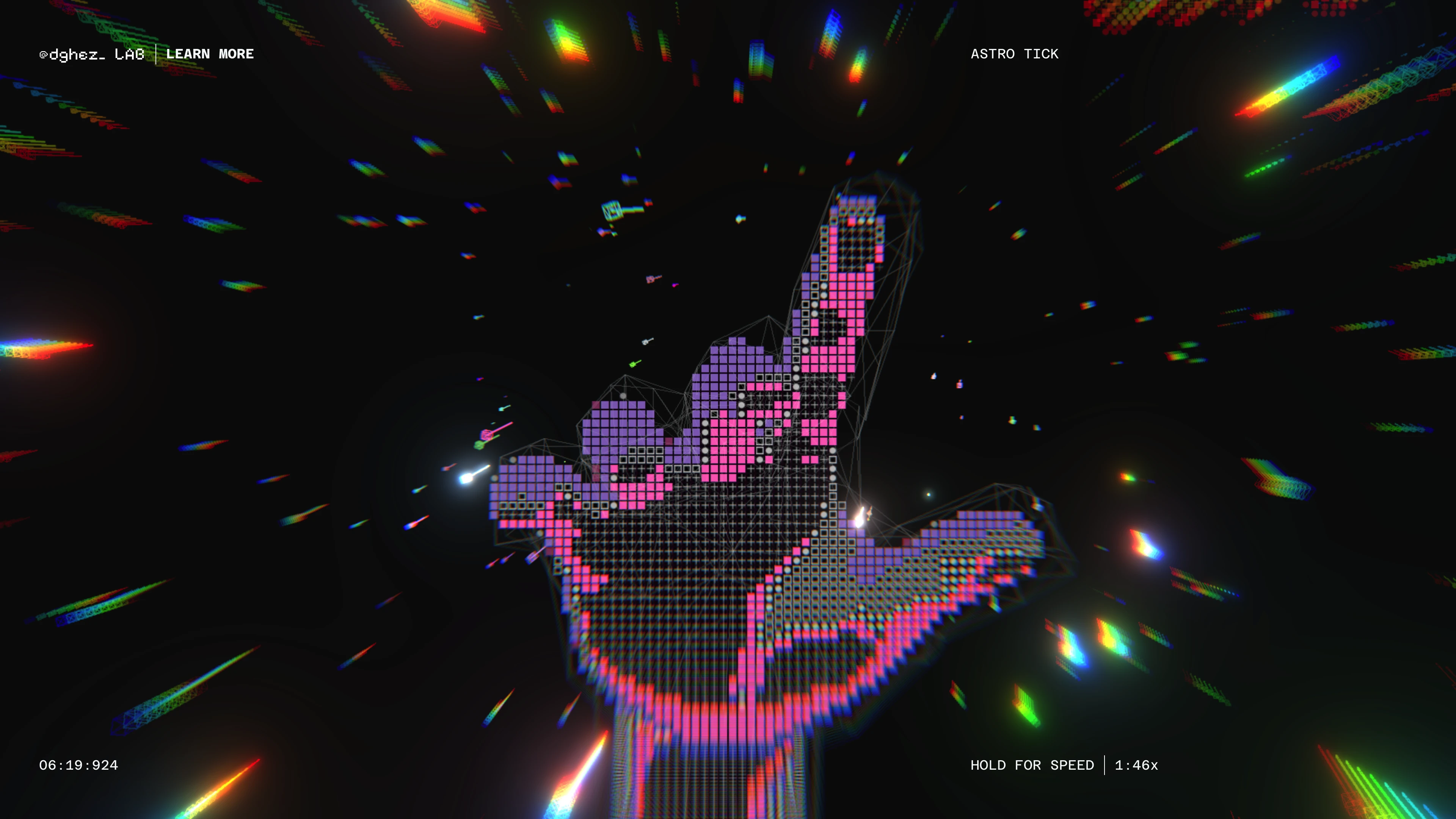 Full page screenshot of the ASTRODITHER website. AstroDither, an audio reactive Threejs /WebGPU experiment by Robert Borghesi on …
