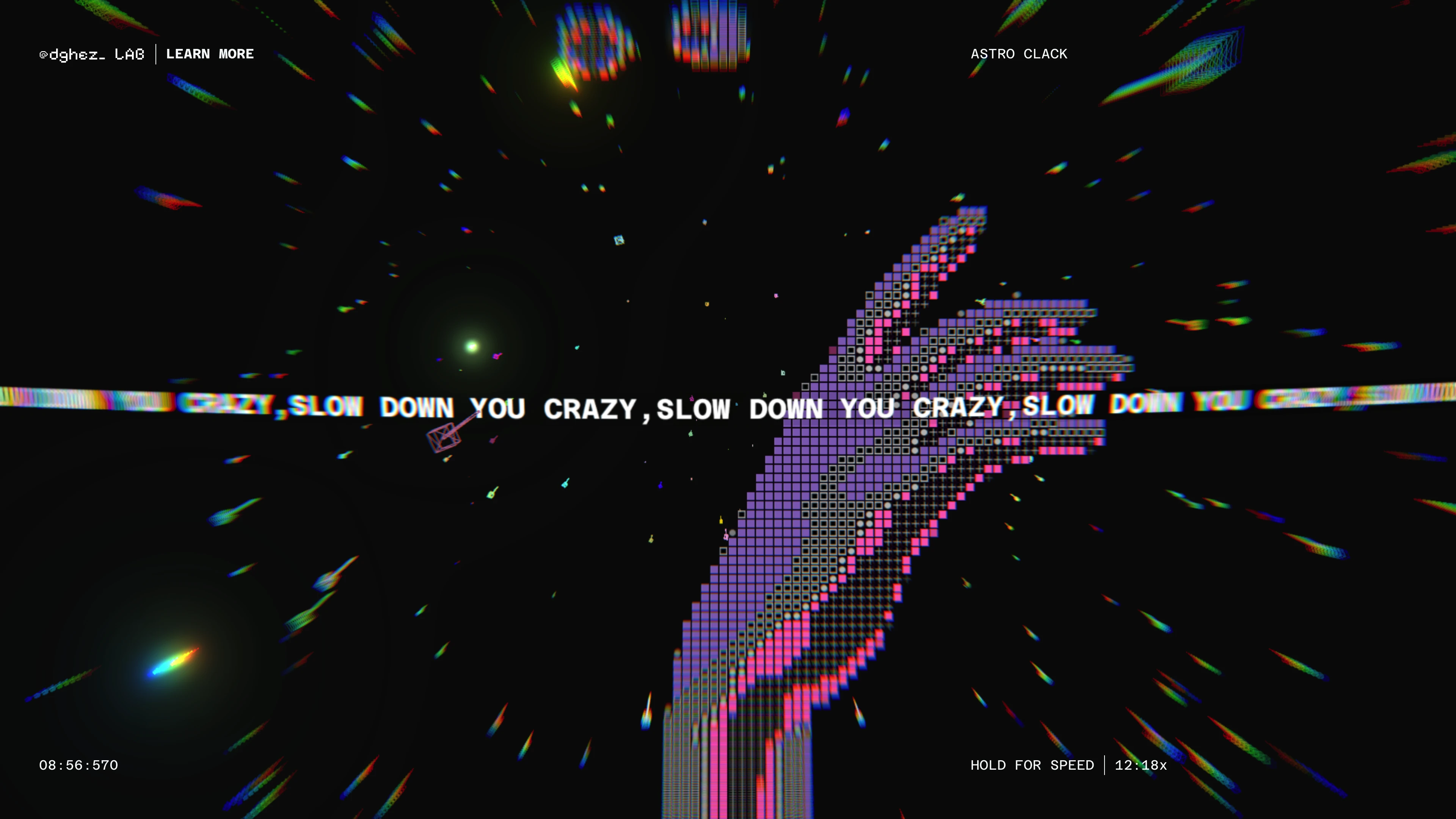 Full page screenshot of the ASTRODITHER website. AstroDither, an audio reactive Threejs /WebGPU experiment by Robert Borghesi on …