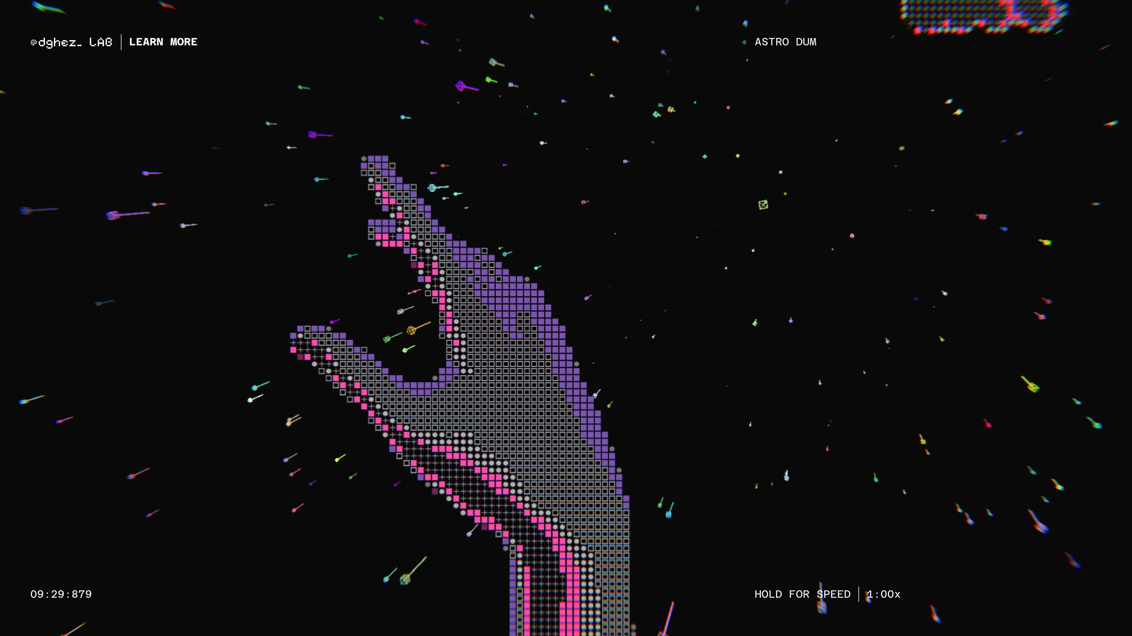Full page screenshot of the ASTRODITHER website. AstroDither, an audio reactive Threejs /WebGPU experiment by Robert Borghesi on …