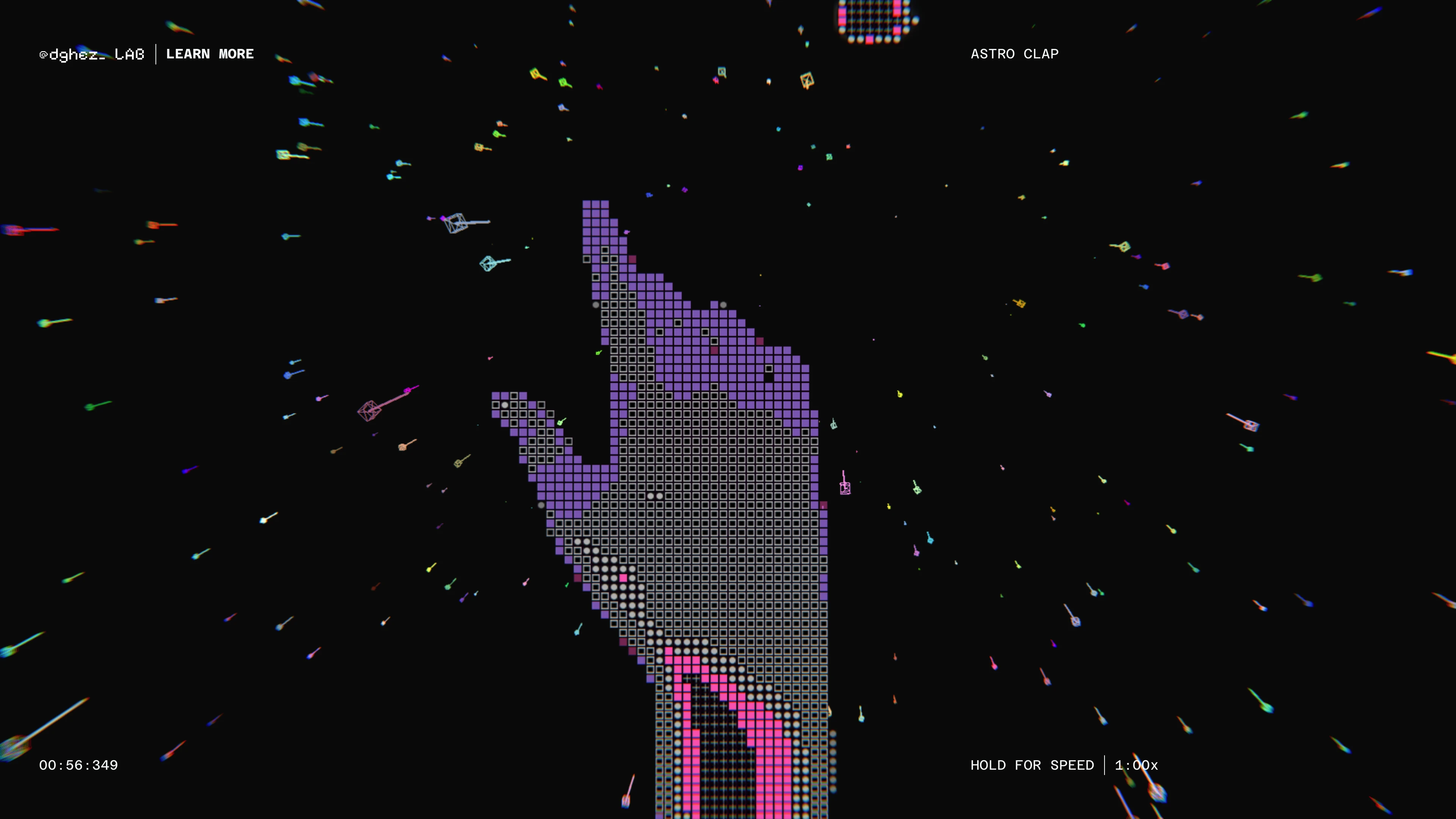Full page screenshot of the ASTRODITHER website. AstroDither, an audio reactive Threejs /WebGPU experiment by Robert Borghesi on …
