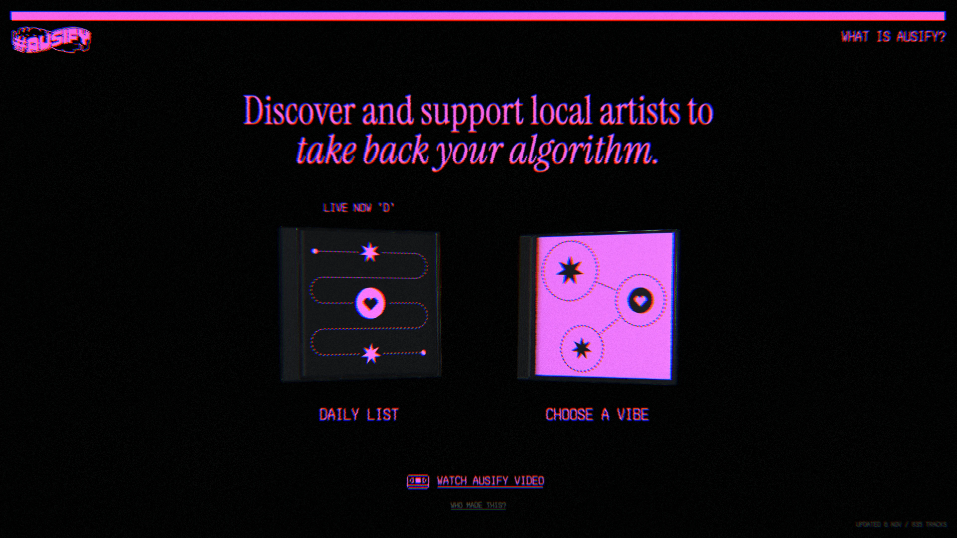 Full page screenshot of the Ausify website. Your destination for searching and discovering Australian music. Find new Aussie …