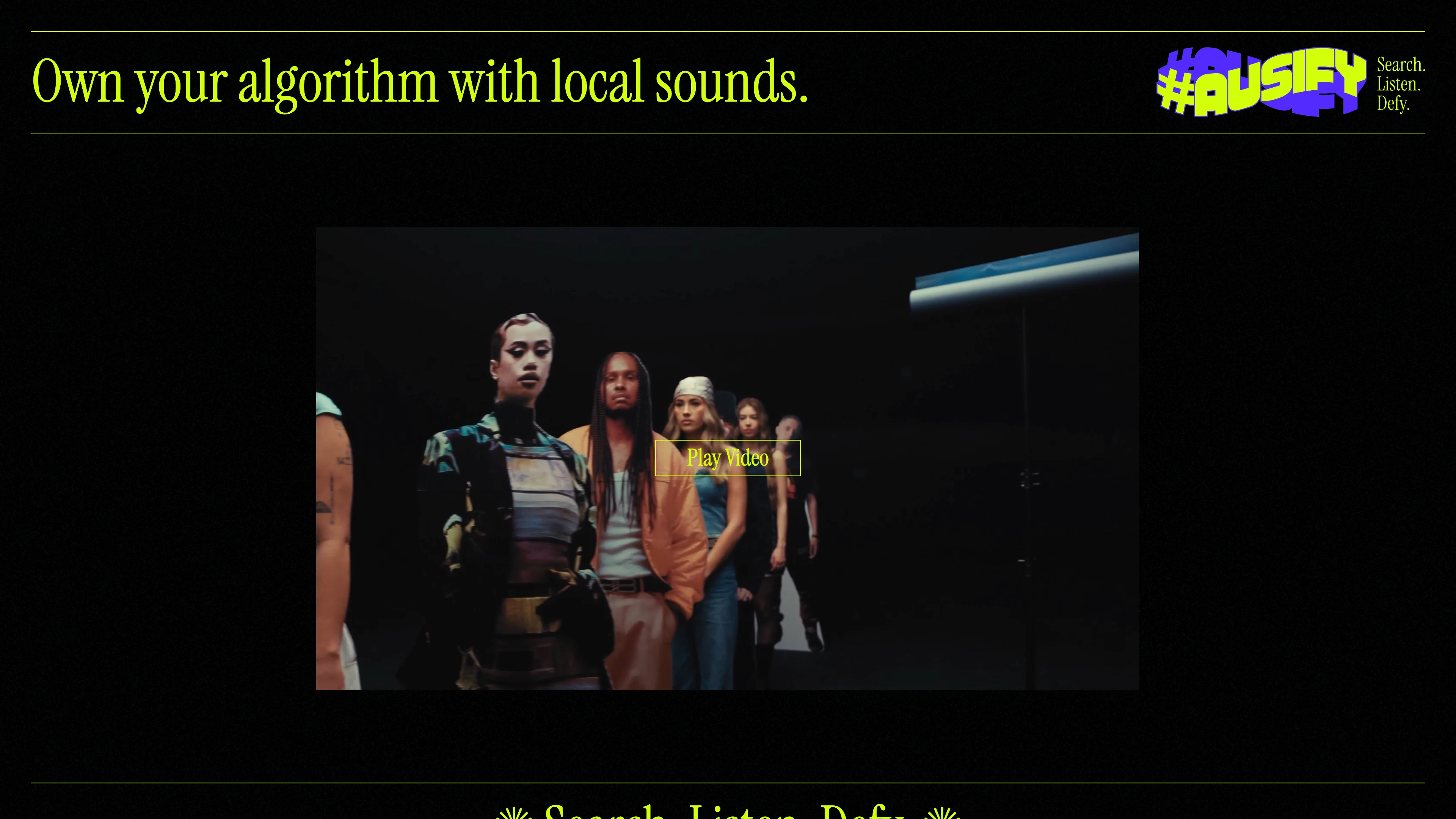 Full page screenshot of the Ausify website. Your destination for searching and discovering Australian music. Find new Aussie …