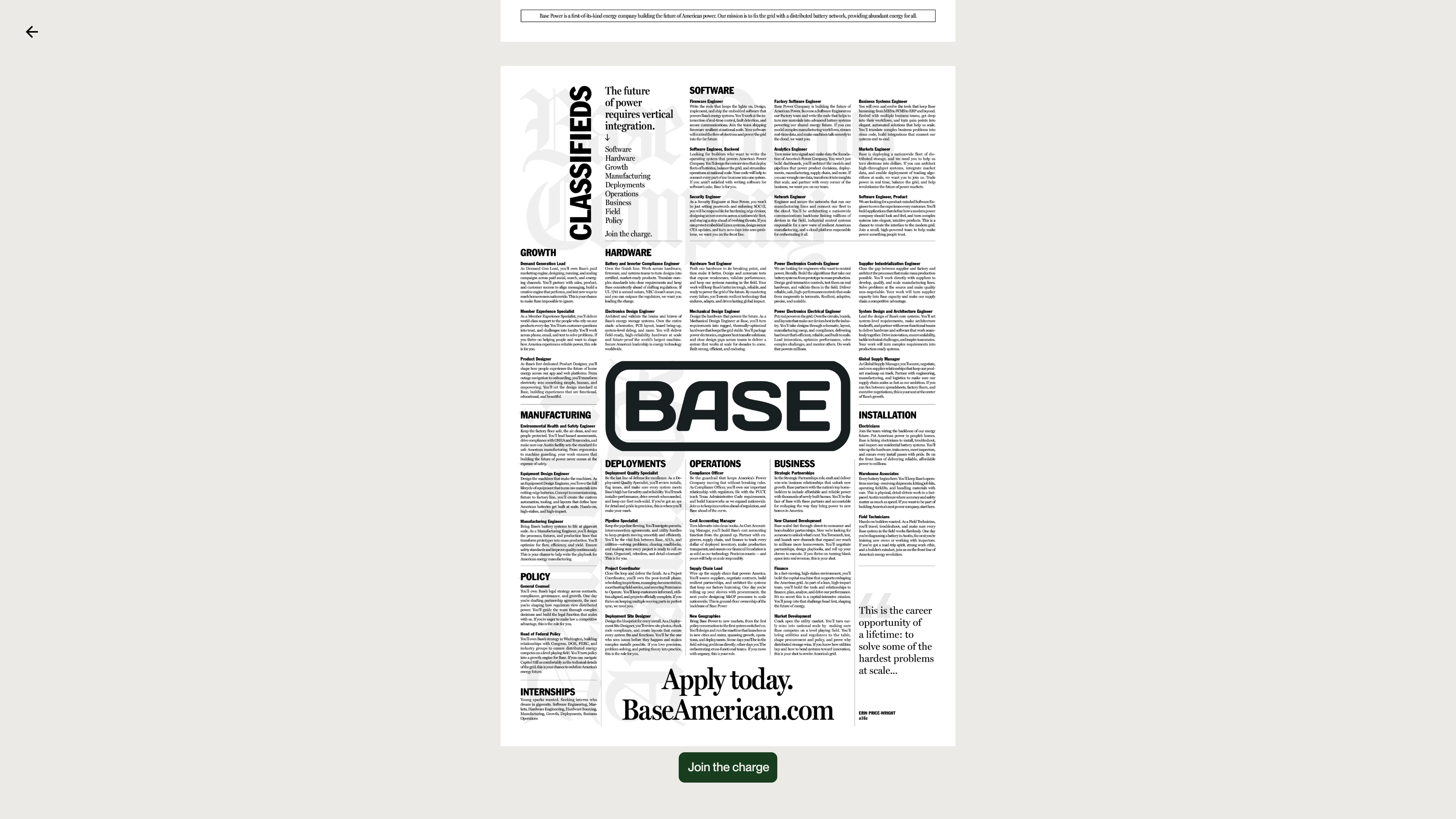Full page screenshot of the Base American website. Base Power Company releases: The Base American to announce its $1B Series C …