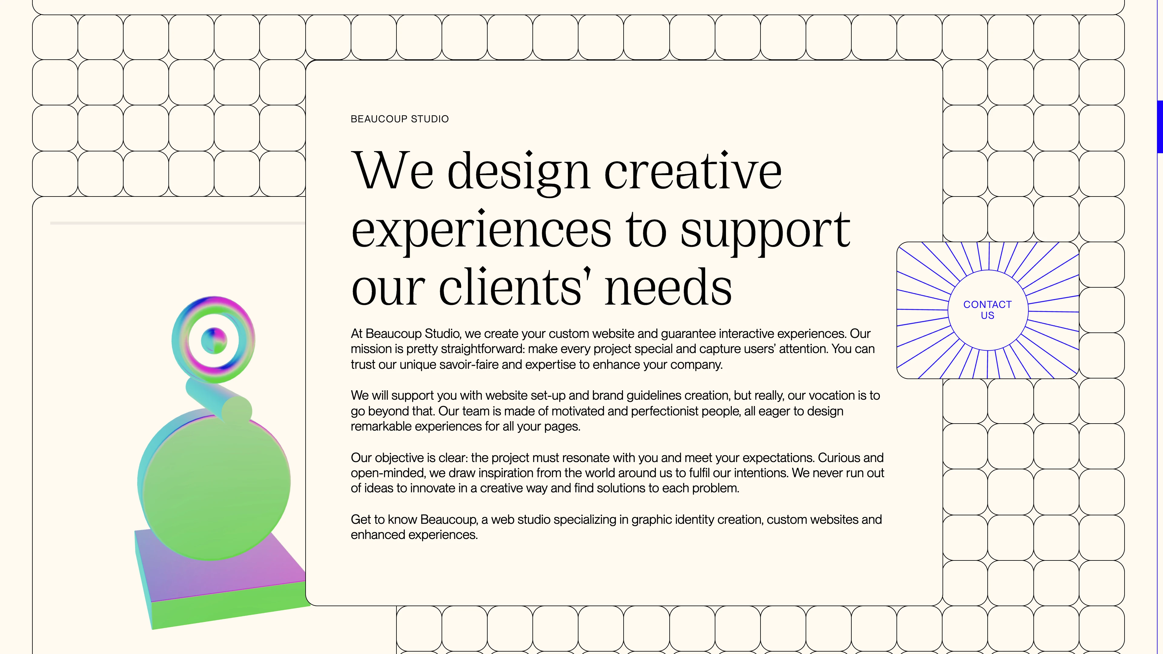 Full page screenshot of the Beaucoup website. Studio dedicated to interactive and creative experiences. As a multidisciplinary …