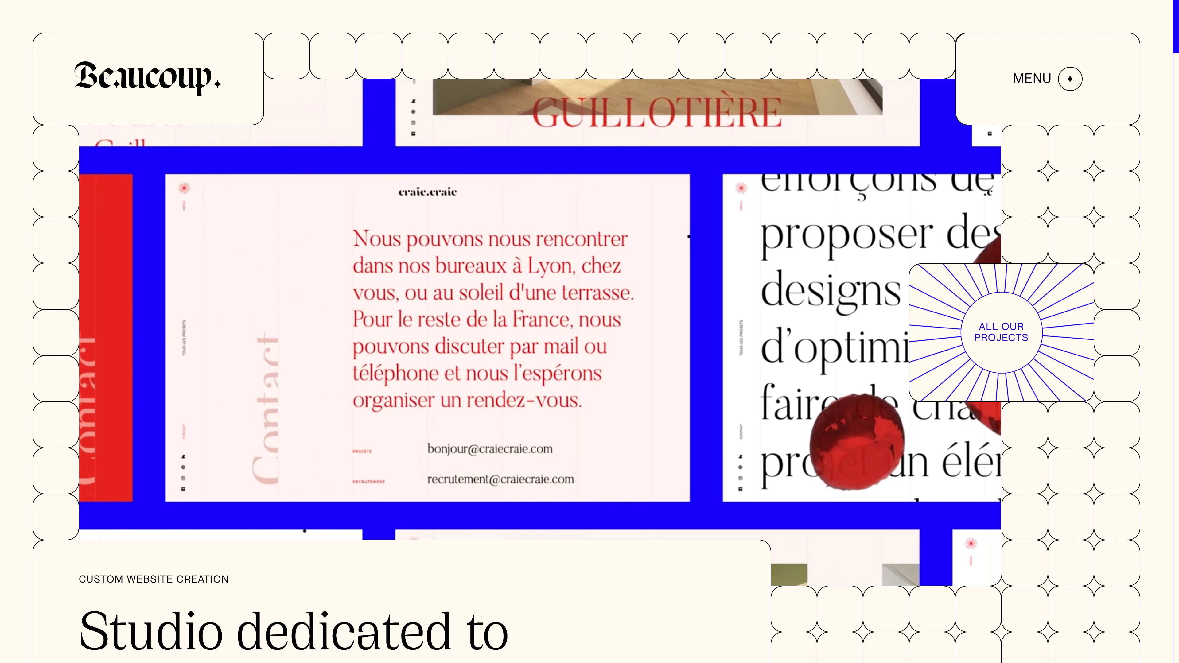 Full page screenshot of the Beaucoup website. Studio dedicated to interactive and creative experiences. As a multidisciplinary …