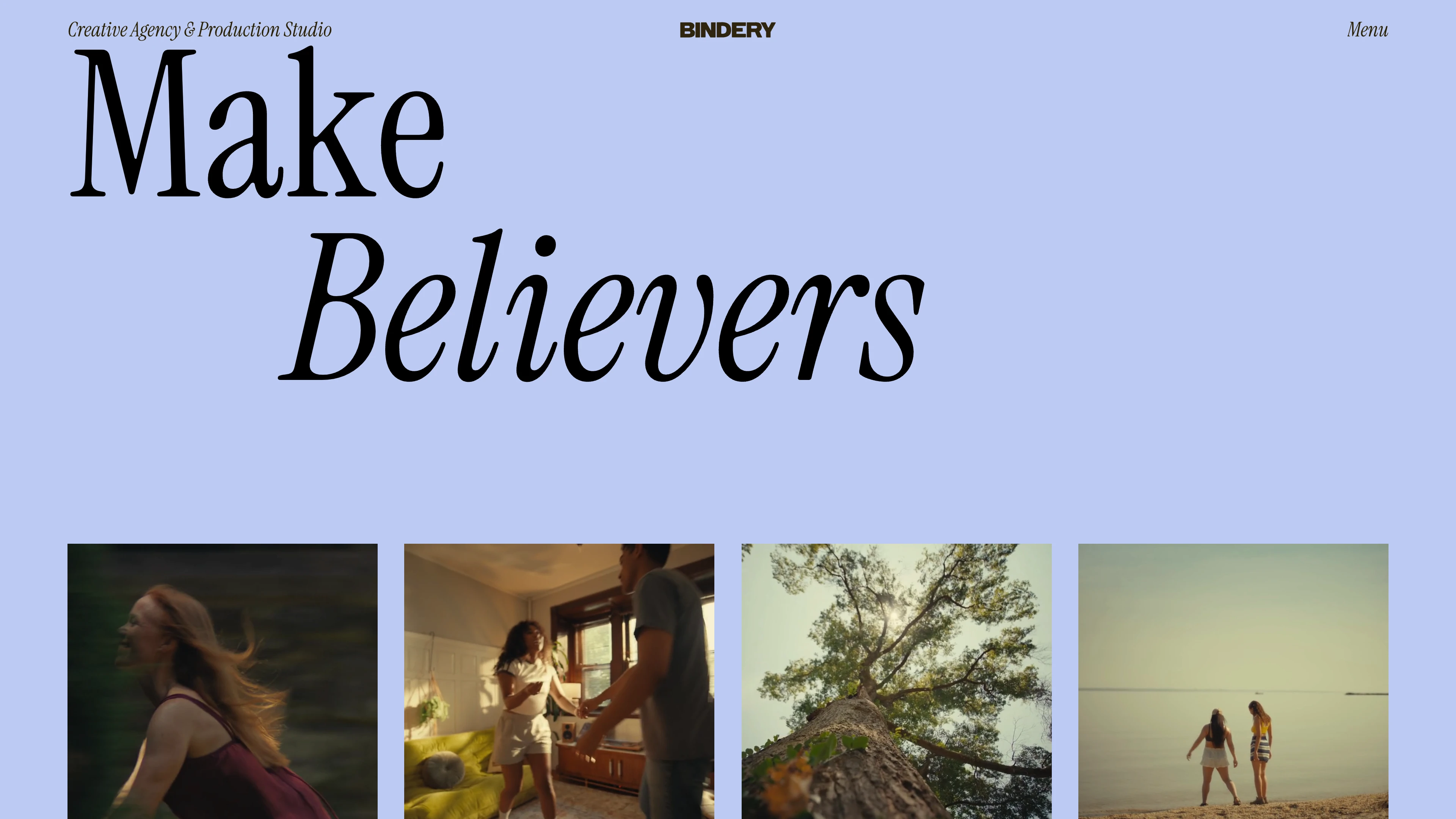 Full page screenshot of the Bindery website. A creative agency & production studio. We use the power of storytelling to fire …