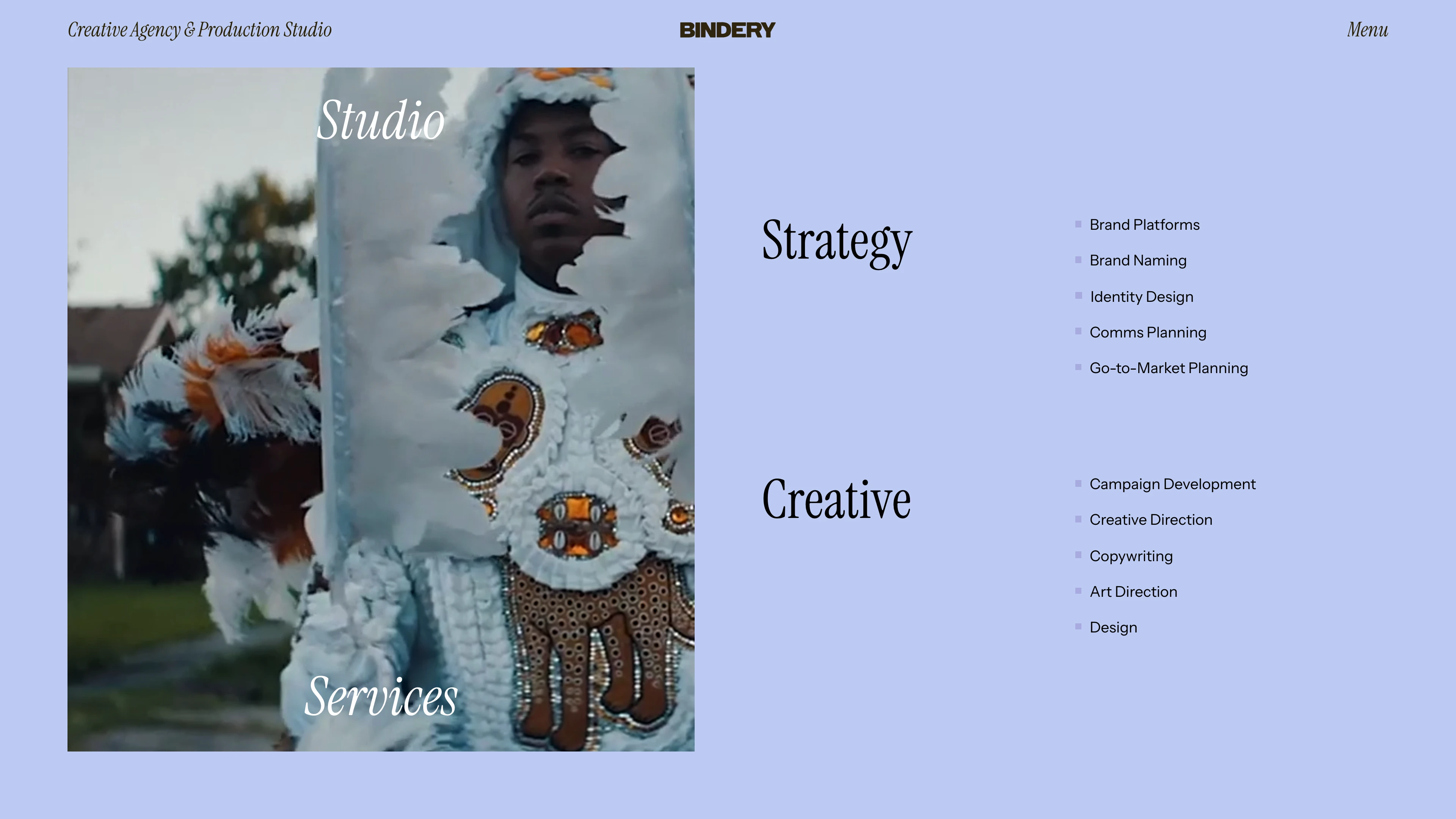 Full page screenshot of the Bindery website. A creative agency & production studio. We use the power of storytelling to fire …