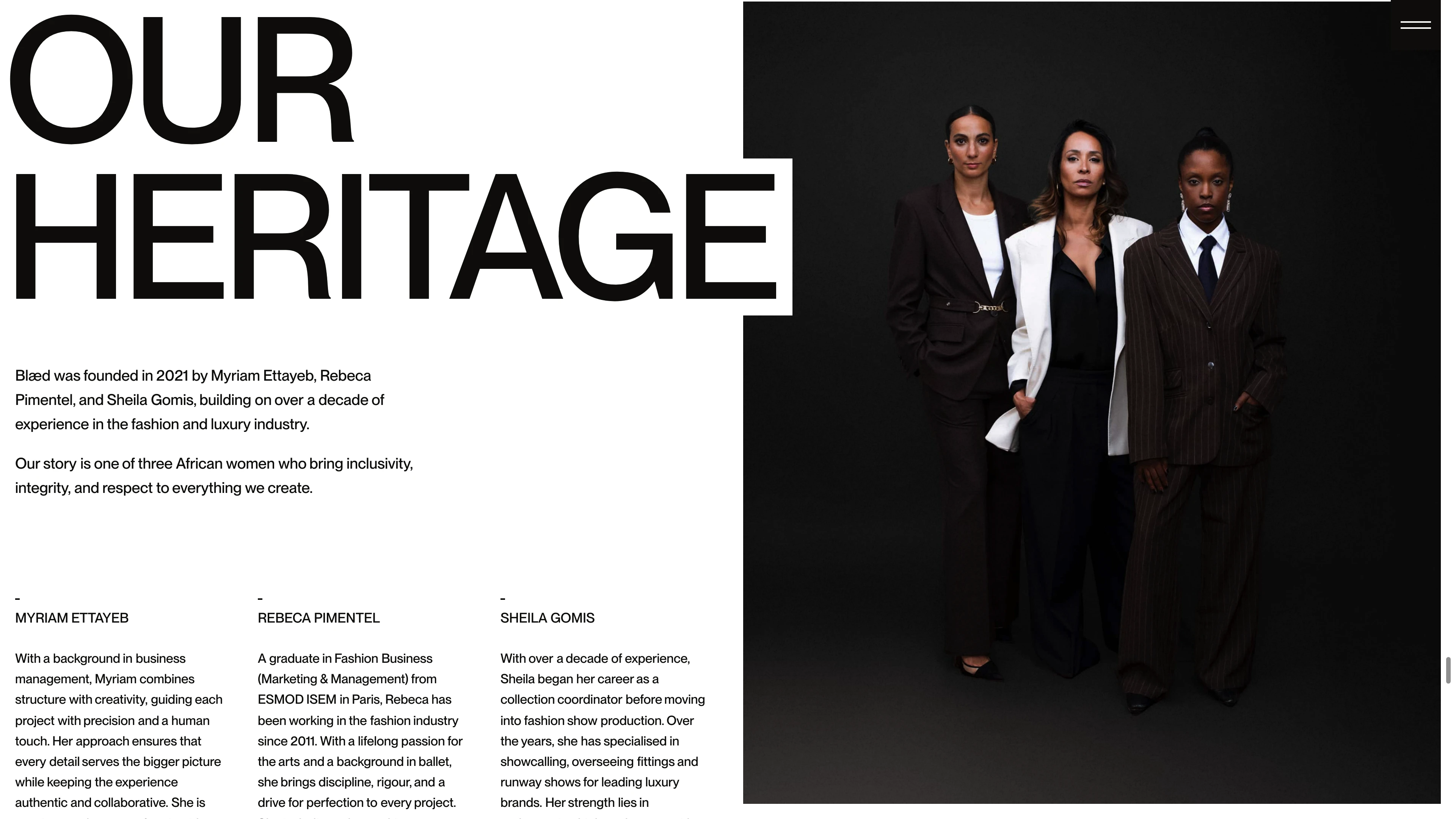 Full page screenshot of the BLÆD Agency website. We specialize in luxury event production and fashion coordination. Our 360° …