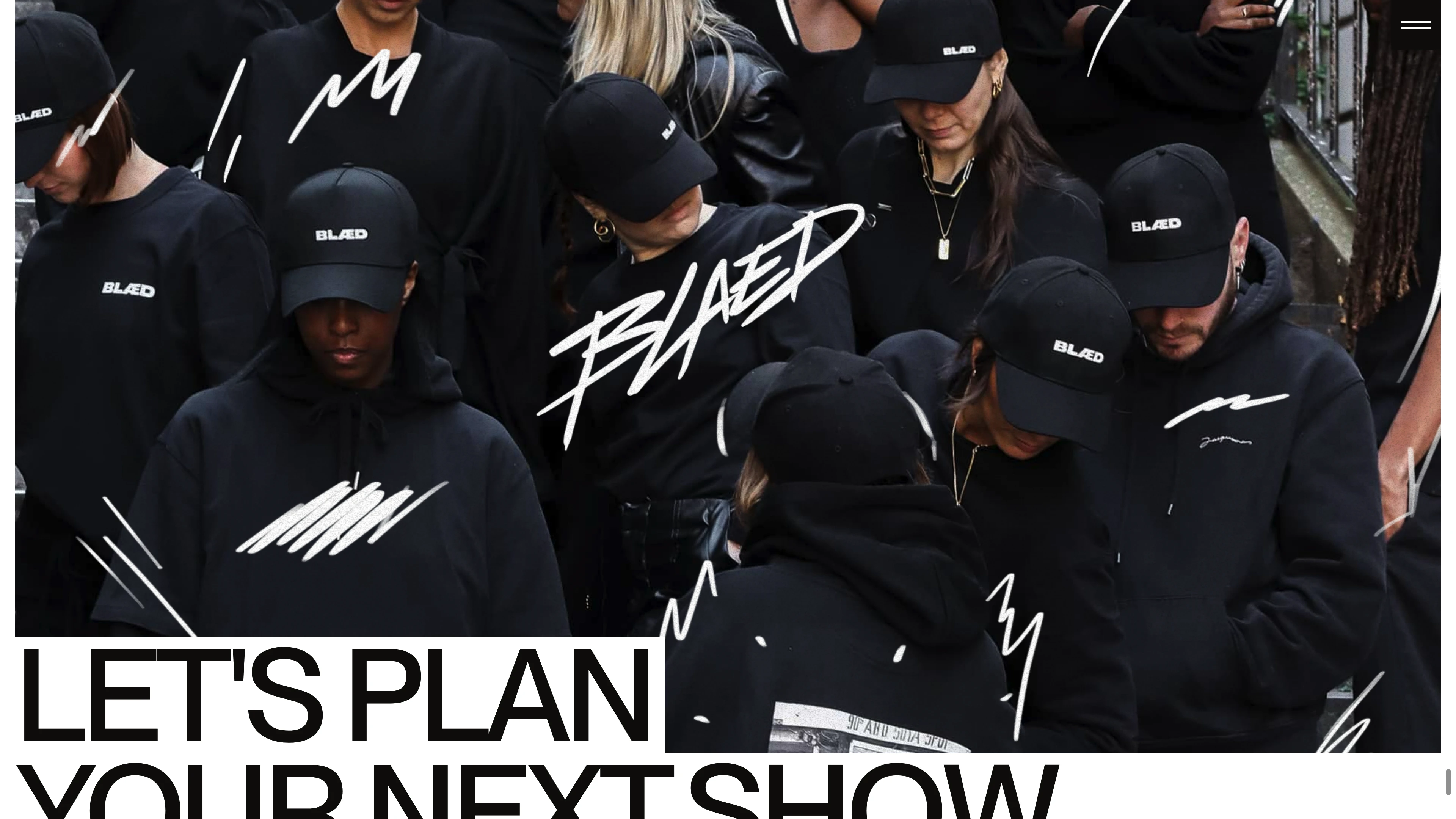 Full page screenshot of the BLÆD Agency website. We specialize in luxury event production and fashion coordination. Our 360° …