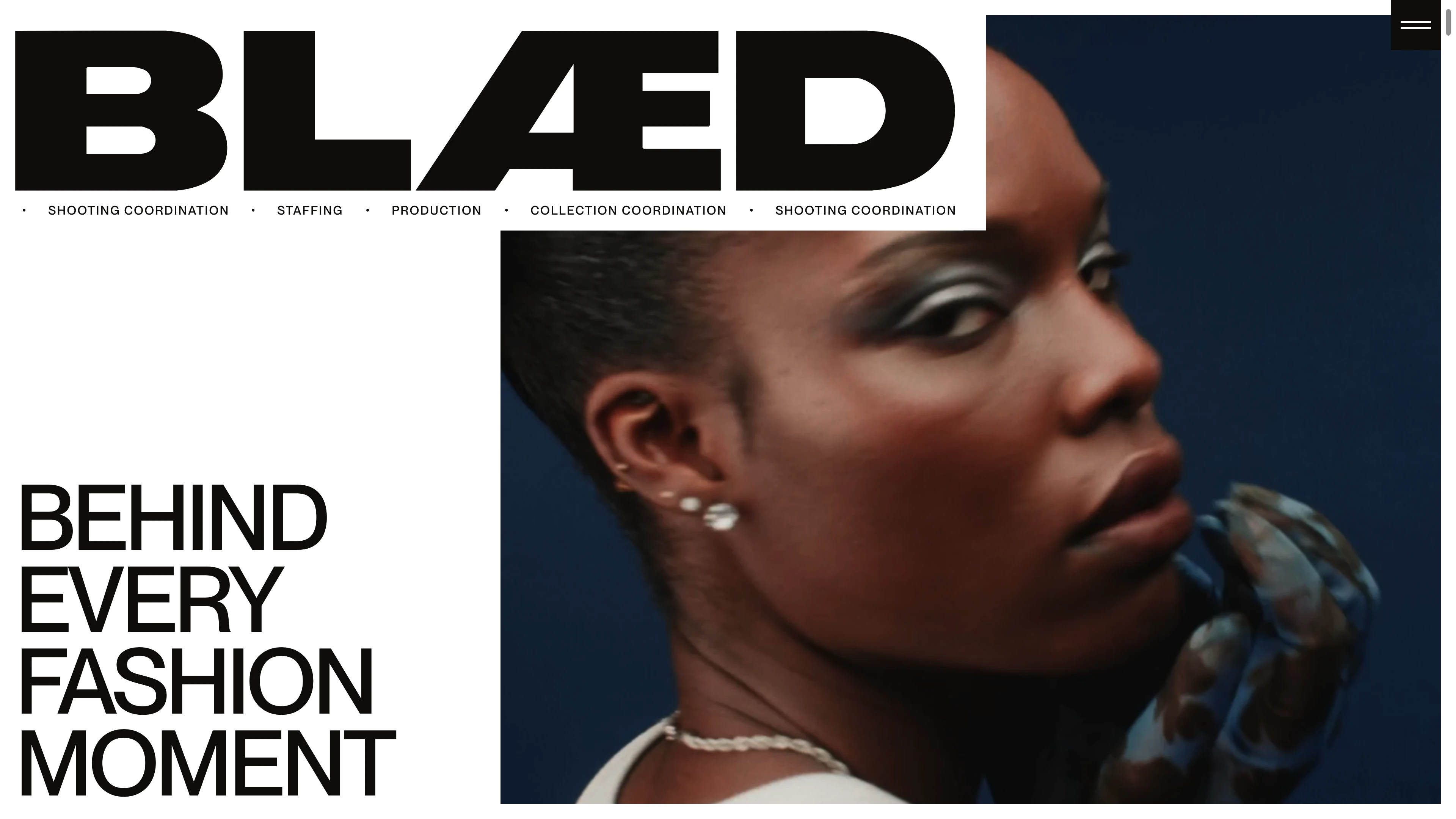 Full page screenshot of the BLÆD Agency website. We specialize in luxury event production and fashion coordination. Our 360° …