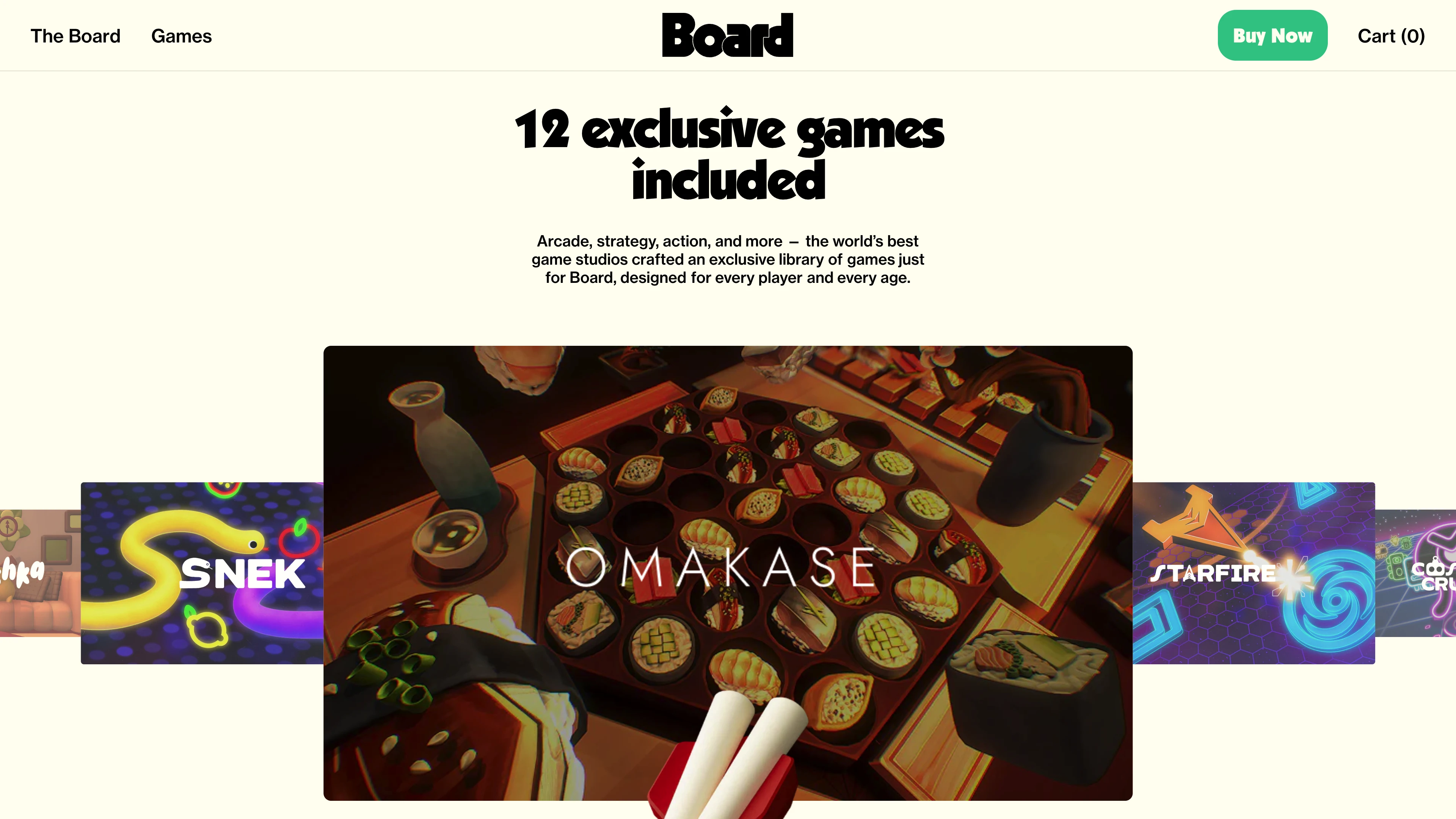 Full page screenshot of the Board.fun website. Board fuses the best of board games and video games into something entirely new. …